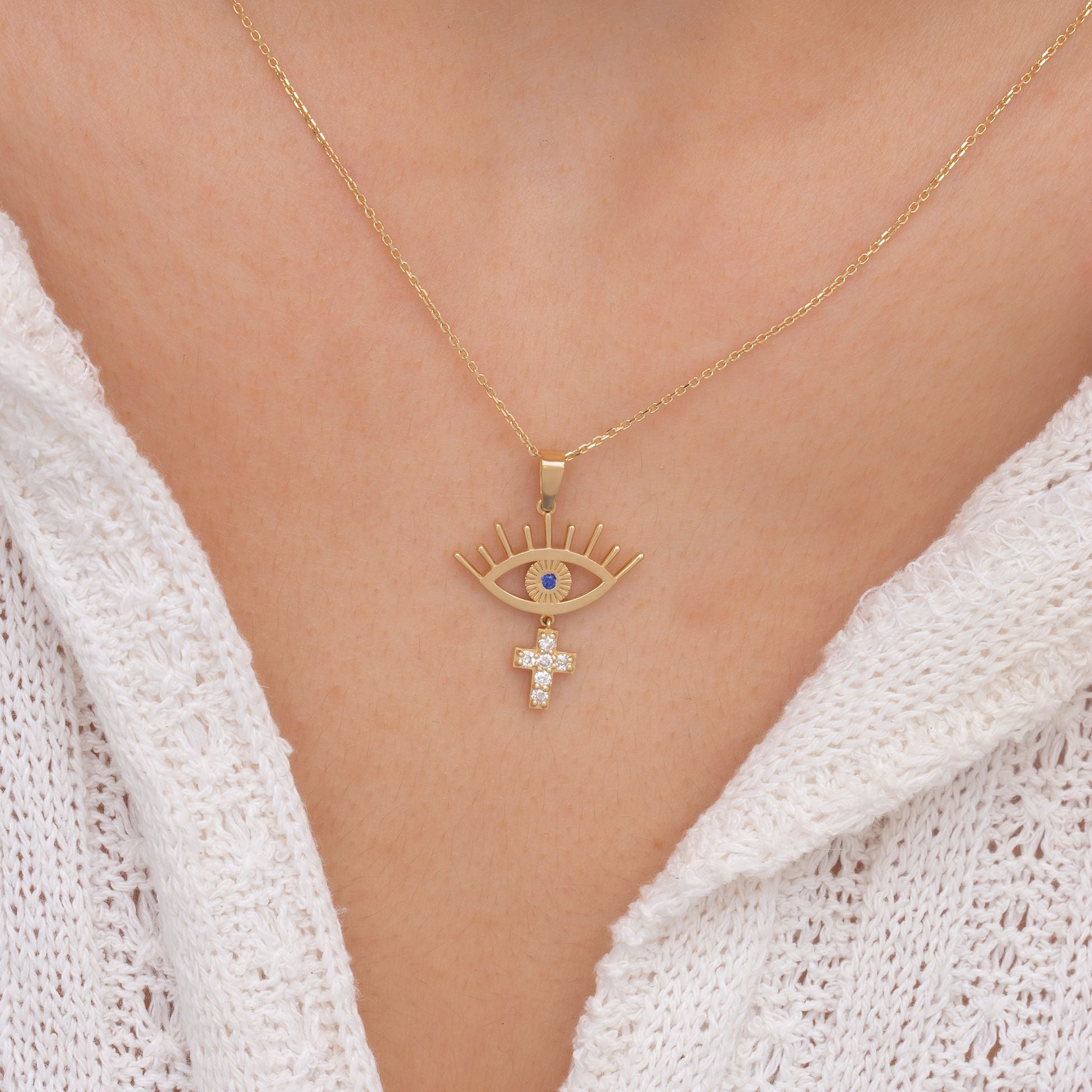 14K Gold Diamond Sapphire Eye and Cross Woman Necklace