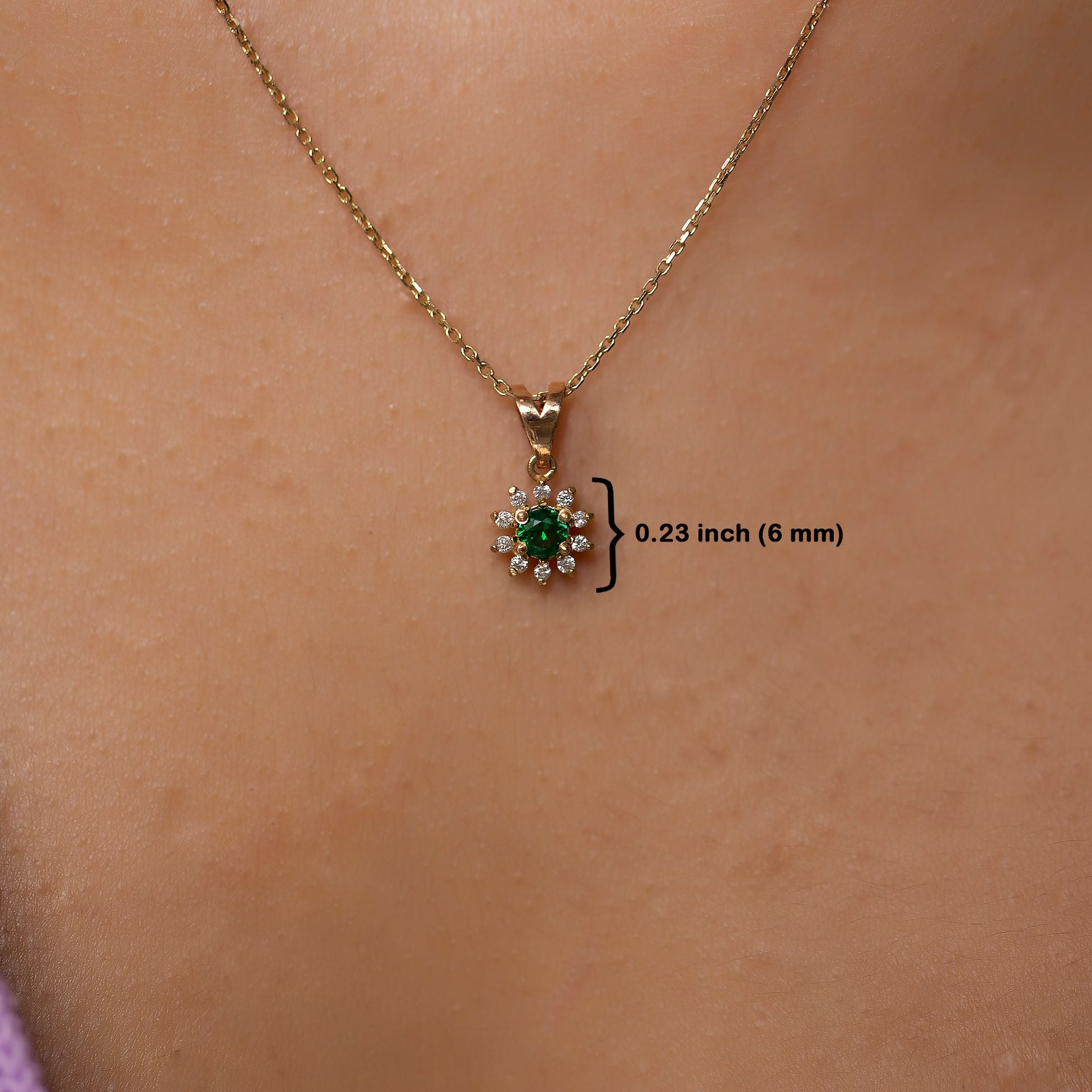 14K Gold Diamond Round Cut Emerald Necklace