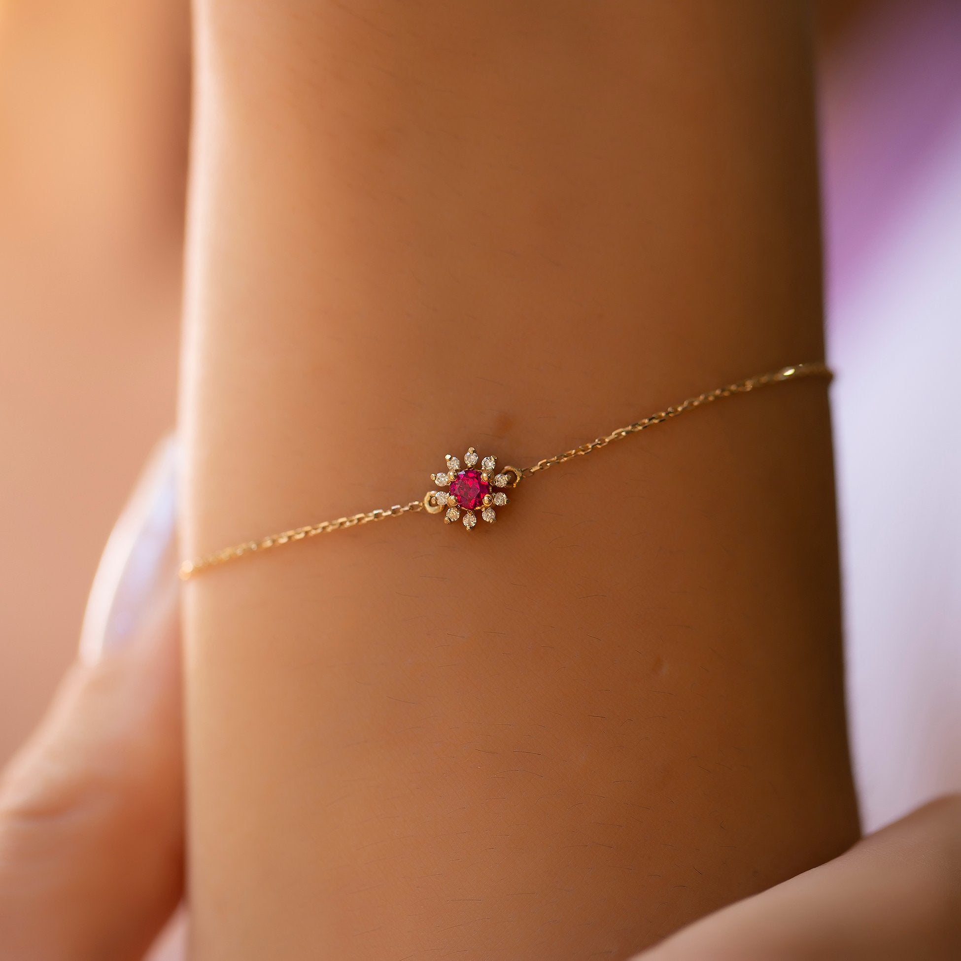 14K Gold Diamond Round Cut Ruby Bracelet