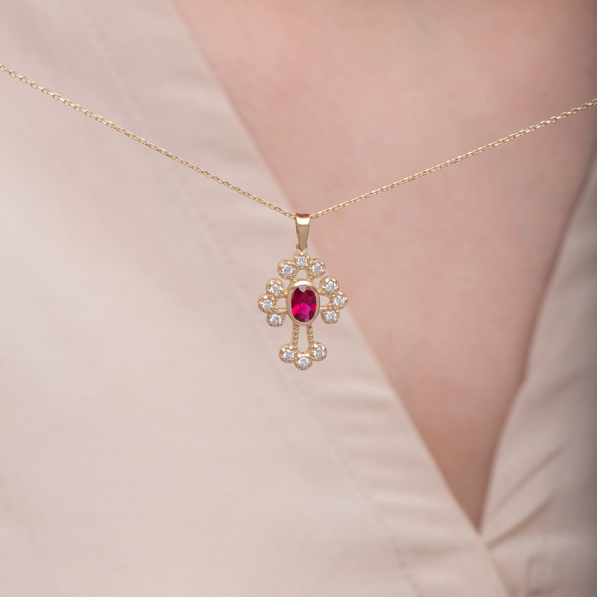 14K Gold Diamond Ruby Cross Woman Necklace