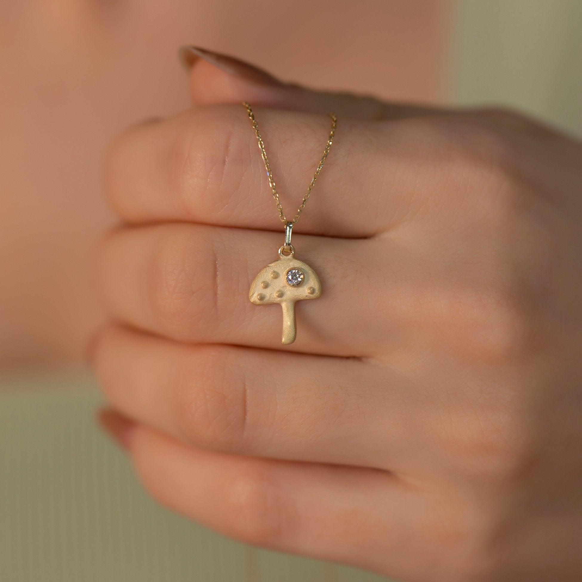 14K Gold Diamond Matte and Tumbled Mushroom Charm Necklace