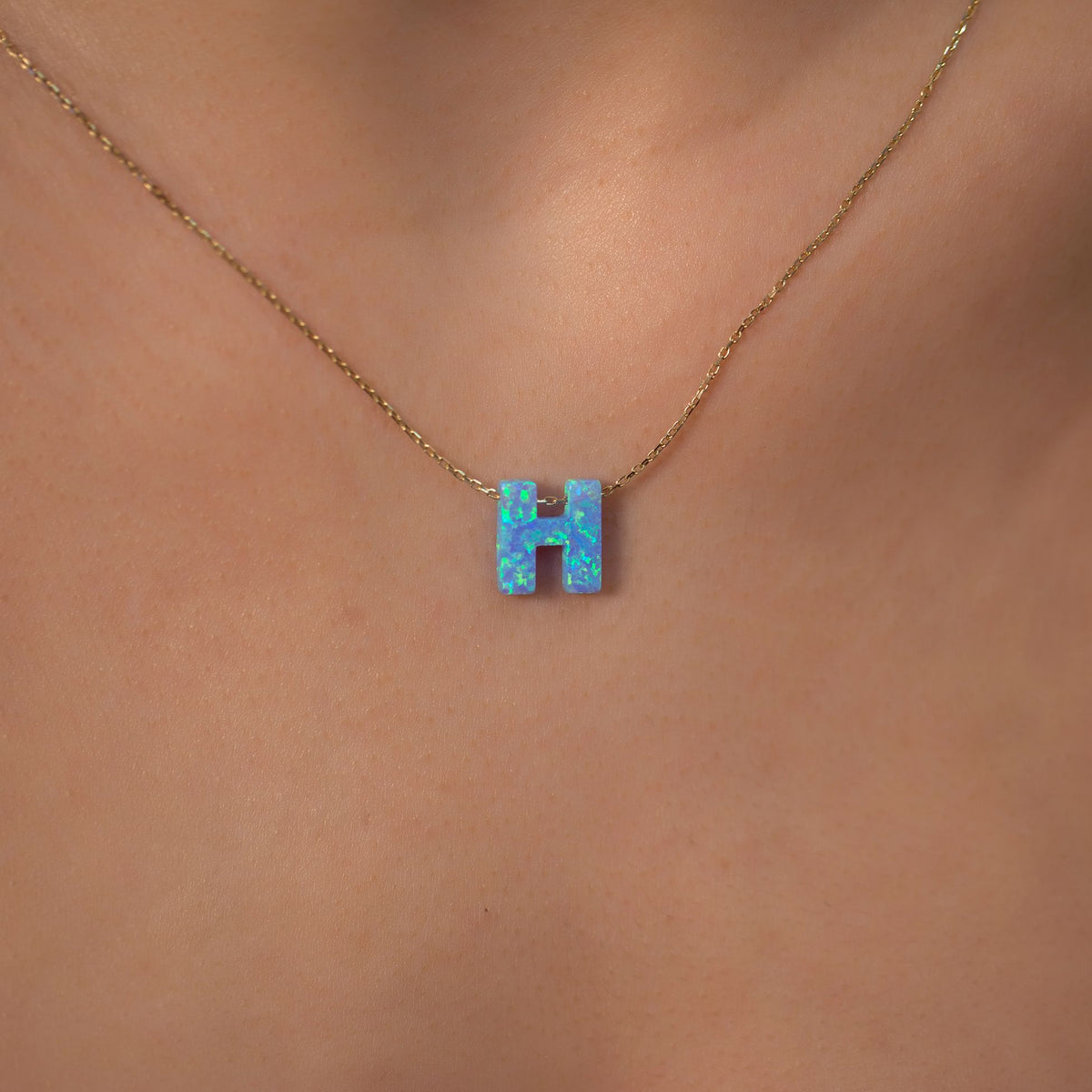 14K Gold Chain Opal Initial Necklace