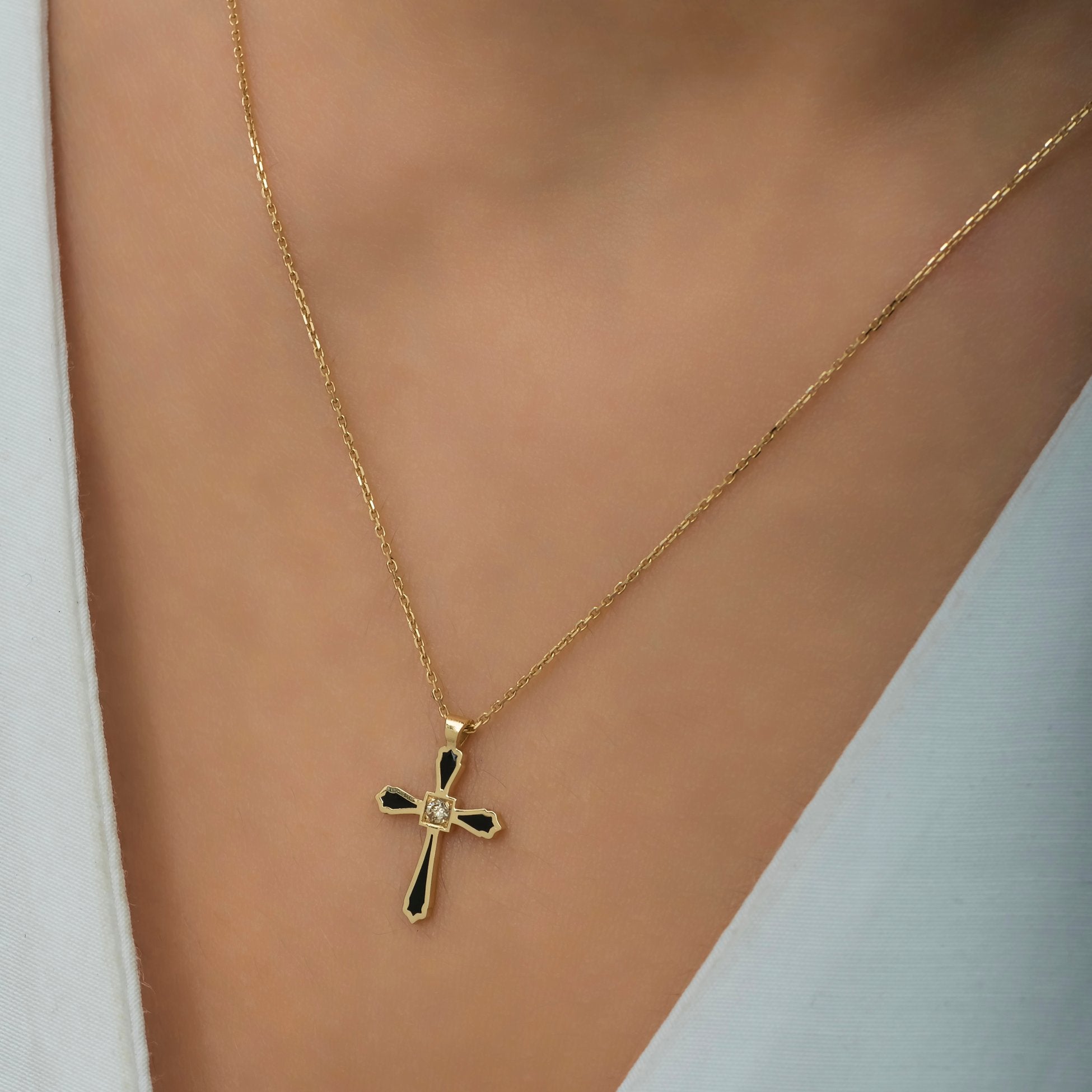 14K Gold Diamond Enamel Cross Necklace