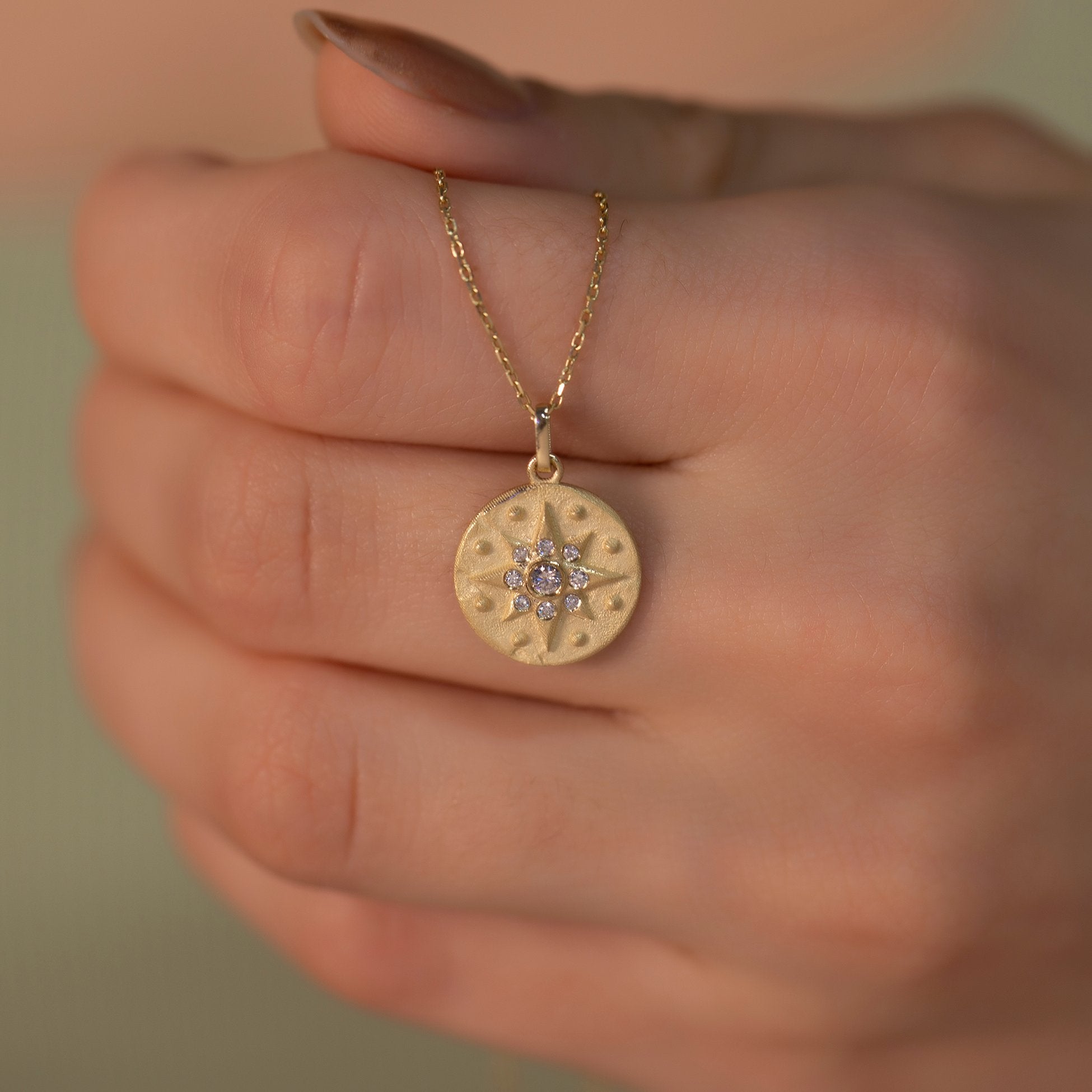 14K Gold Diamond Matte and Tumbled North Star Charm Necklace