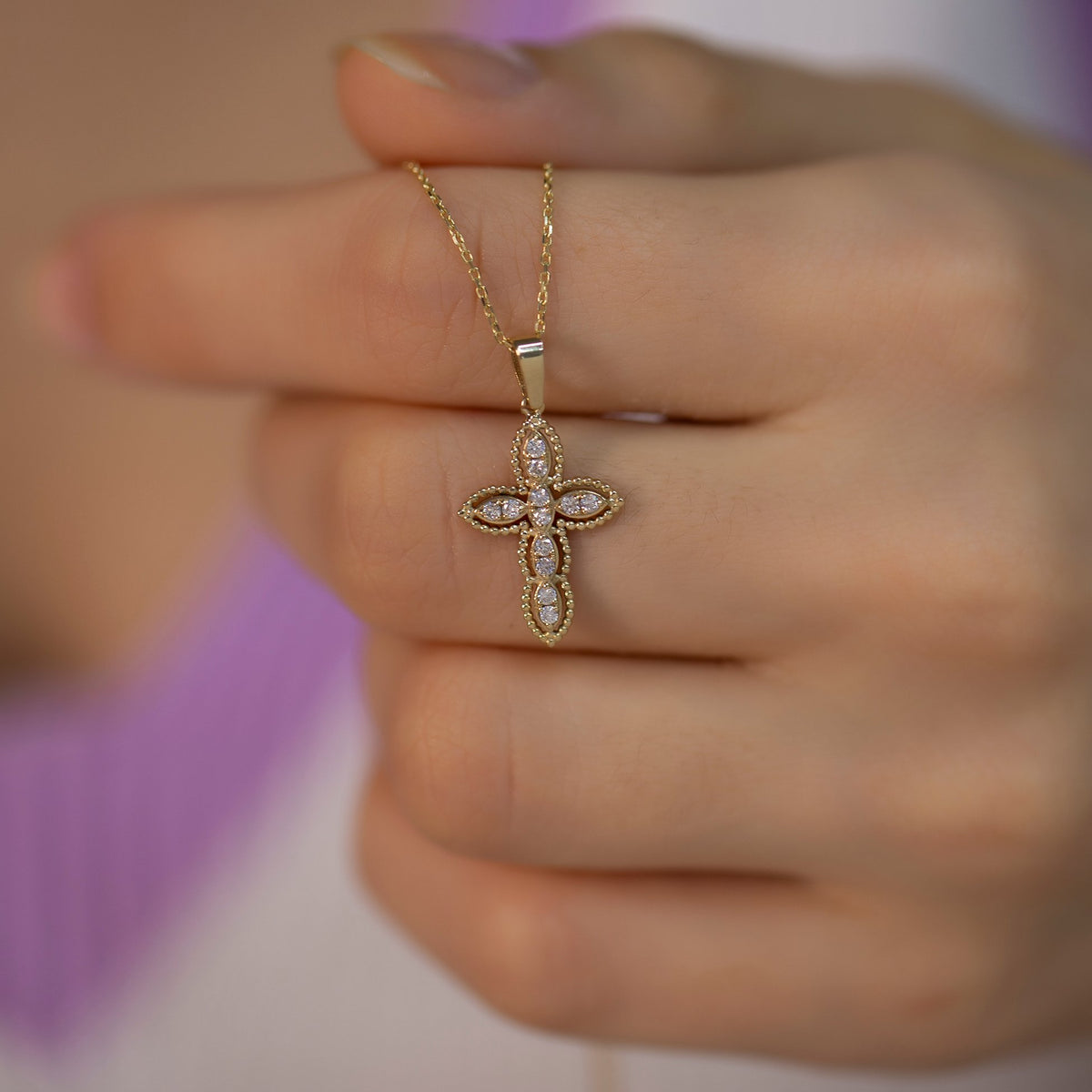 14K Gold Framed Diamond Cross Woman Necklace