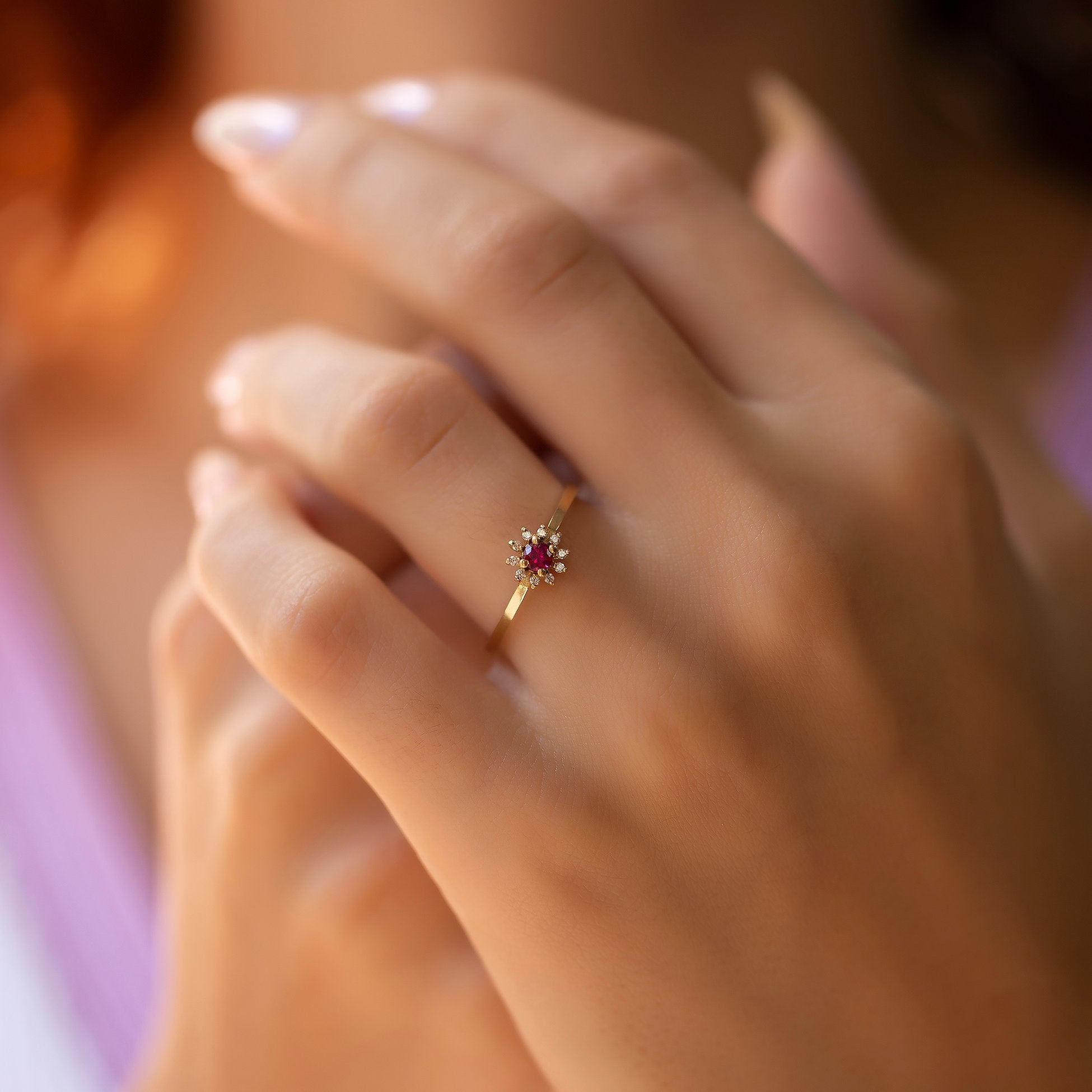 14K Gold Diamond Round Cut Ruby Ring