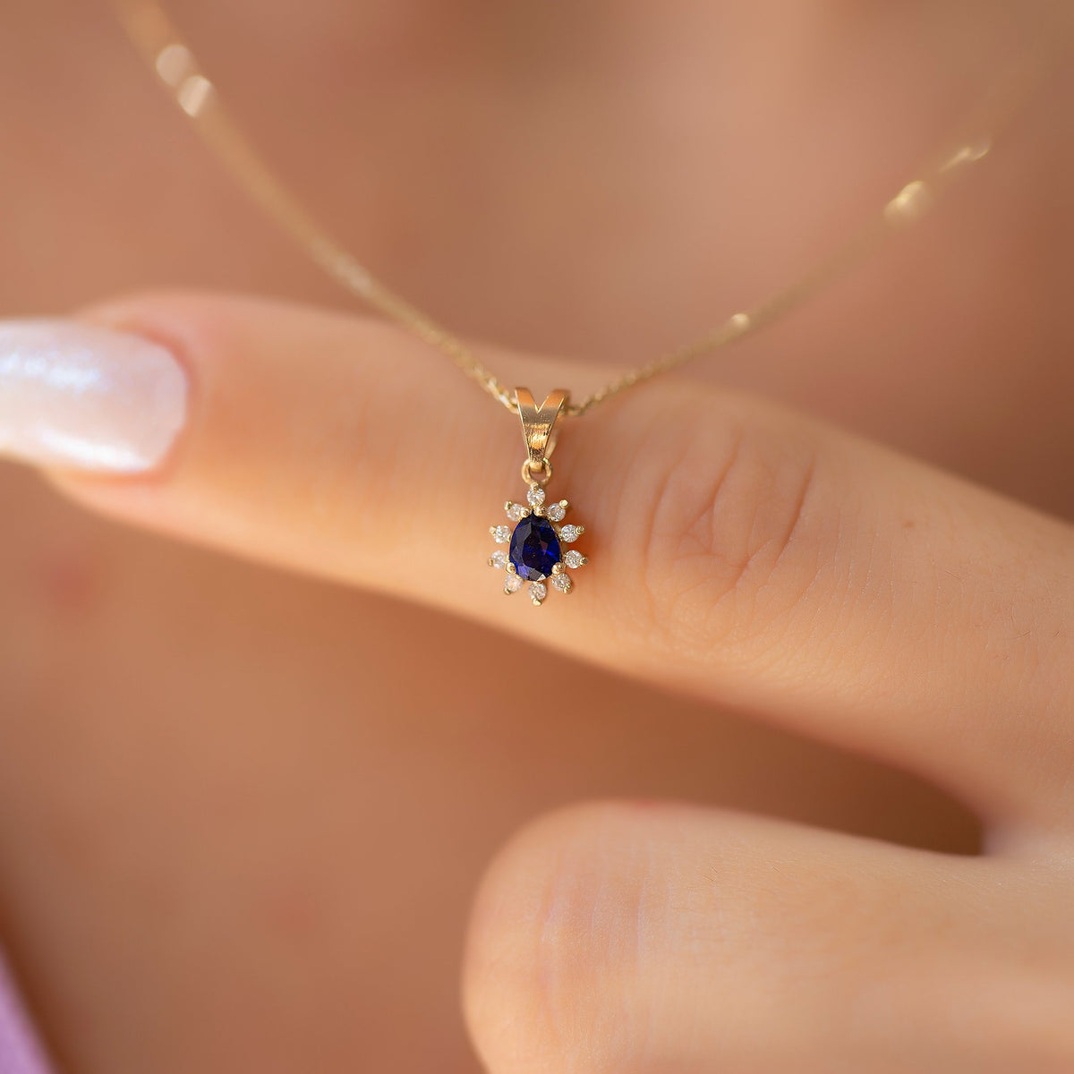 14K Gold Diamond Drop Cut Sapphire Necklace