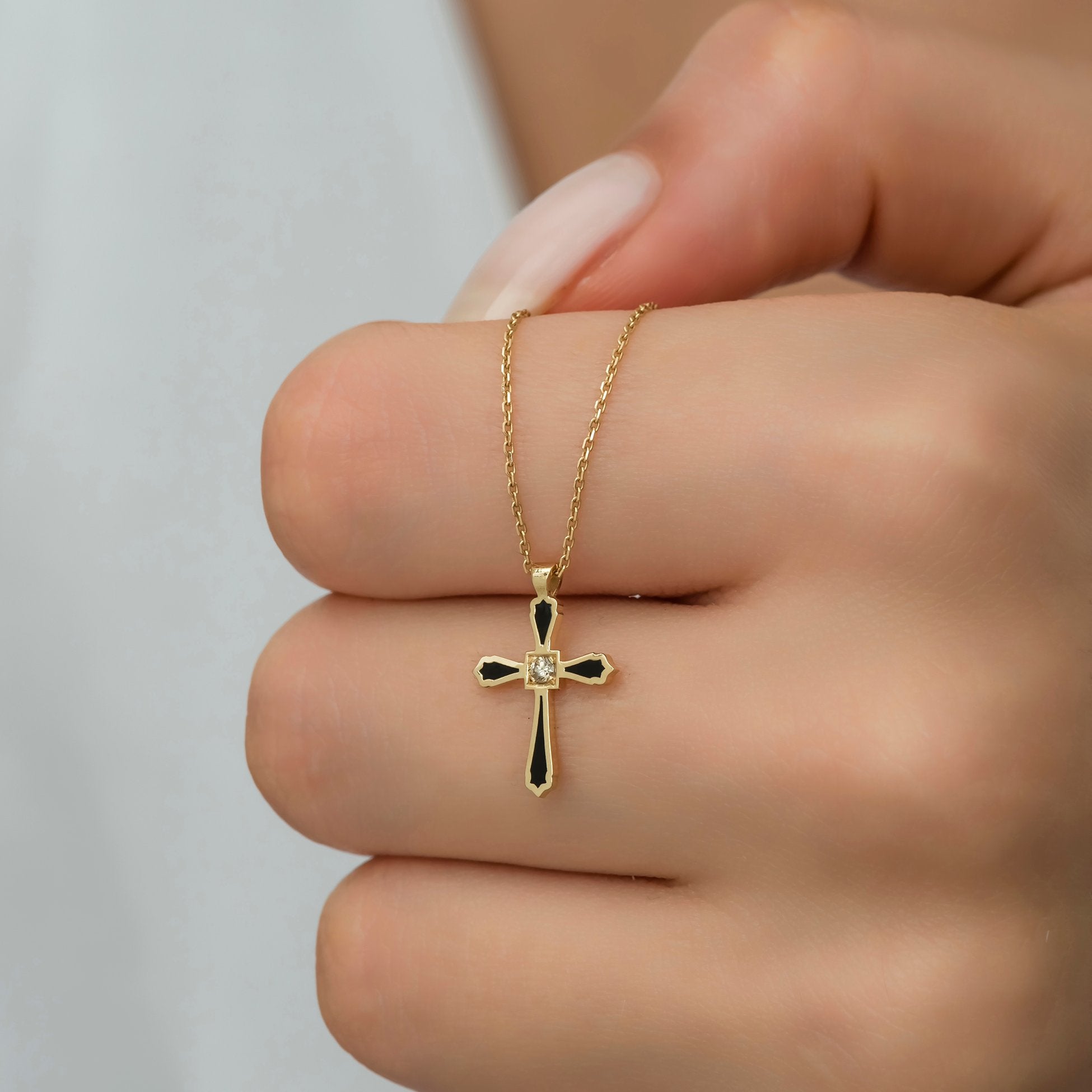 14K Gold Diamond Enamel Cross Necklace