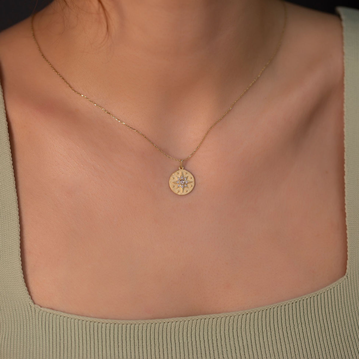 14K Gold Diamond Matte and Tumbled North Star Charm Necklace