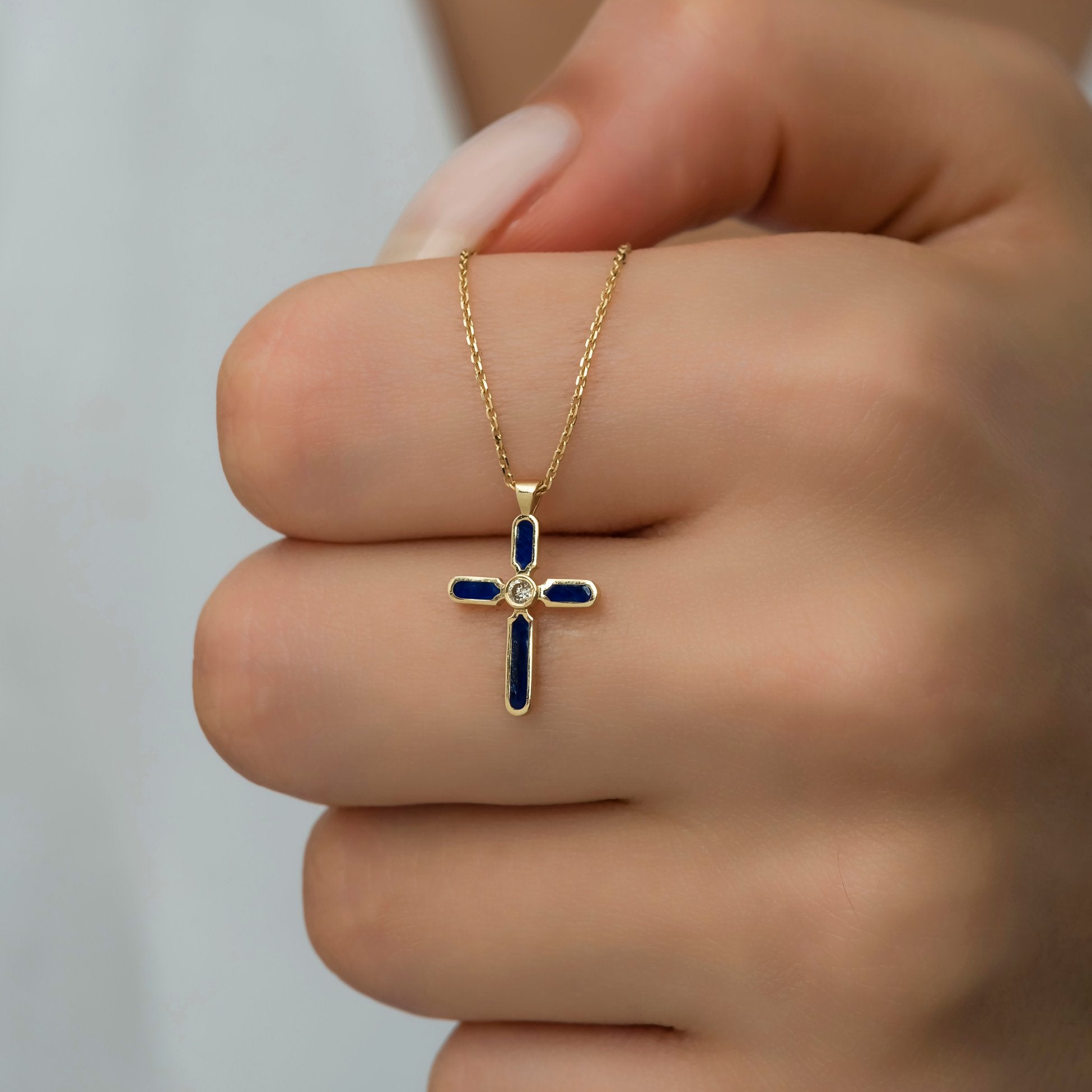 14K Gold Diamond Enamel Cross Necklace