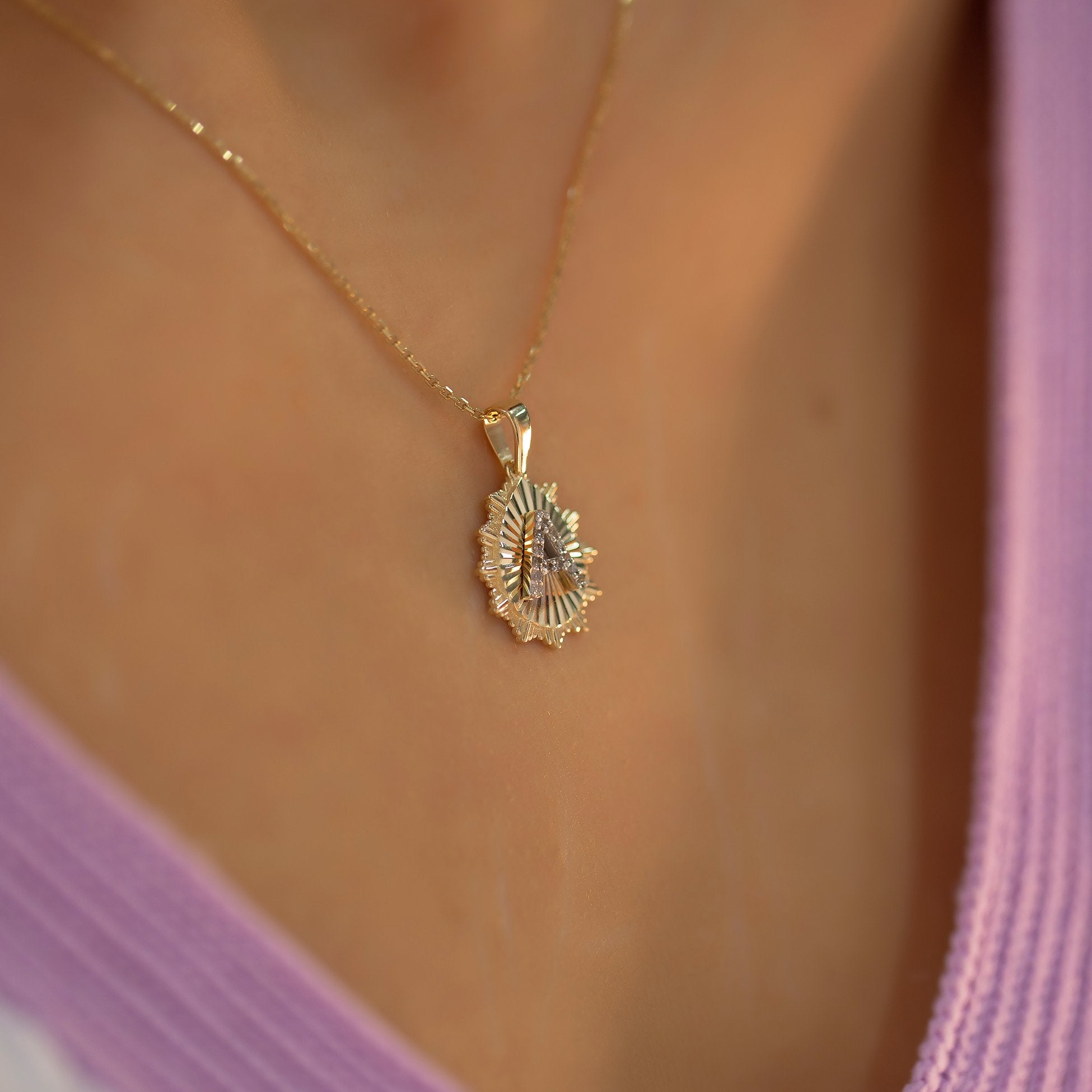 14K Gold Pear Plate Personalized Diamond Letter Necklace