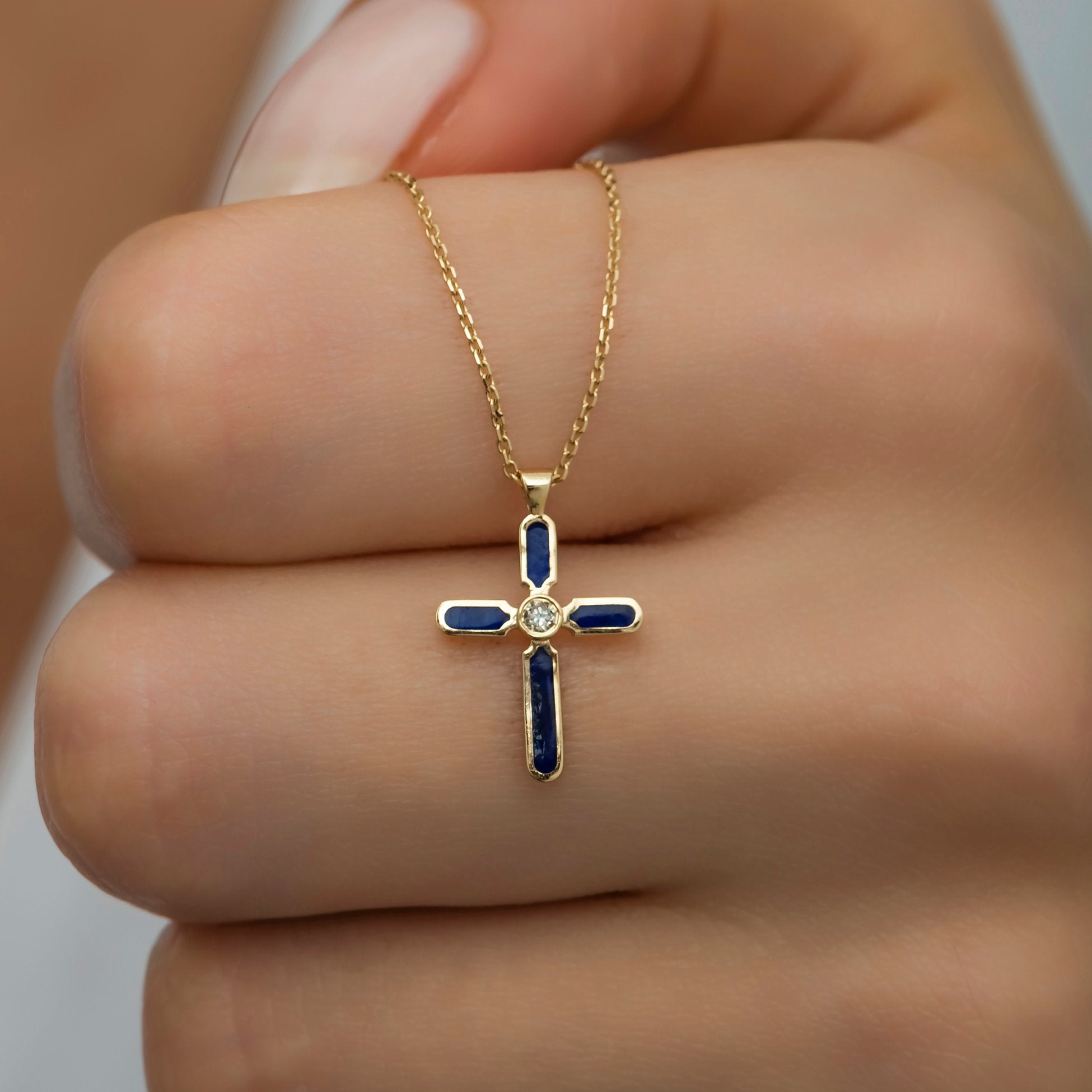 14K Gold Diamond Enamel Cross Necklace