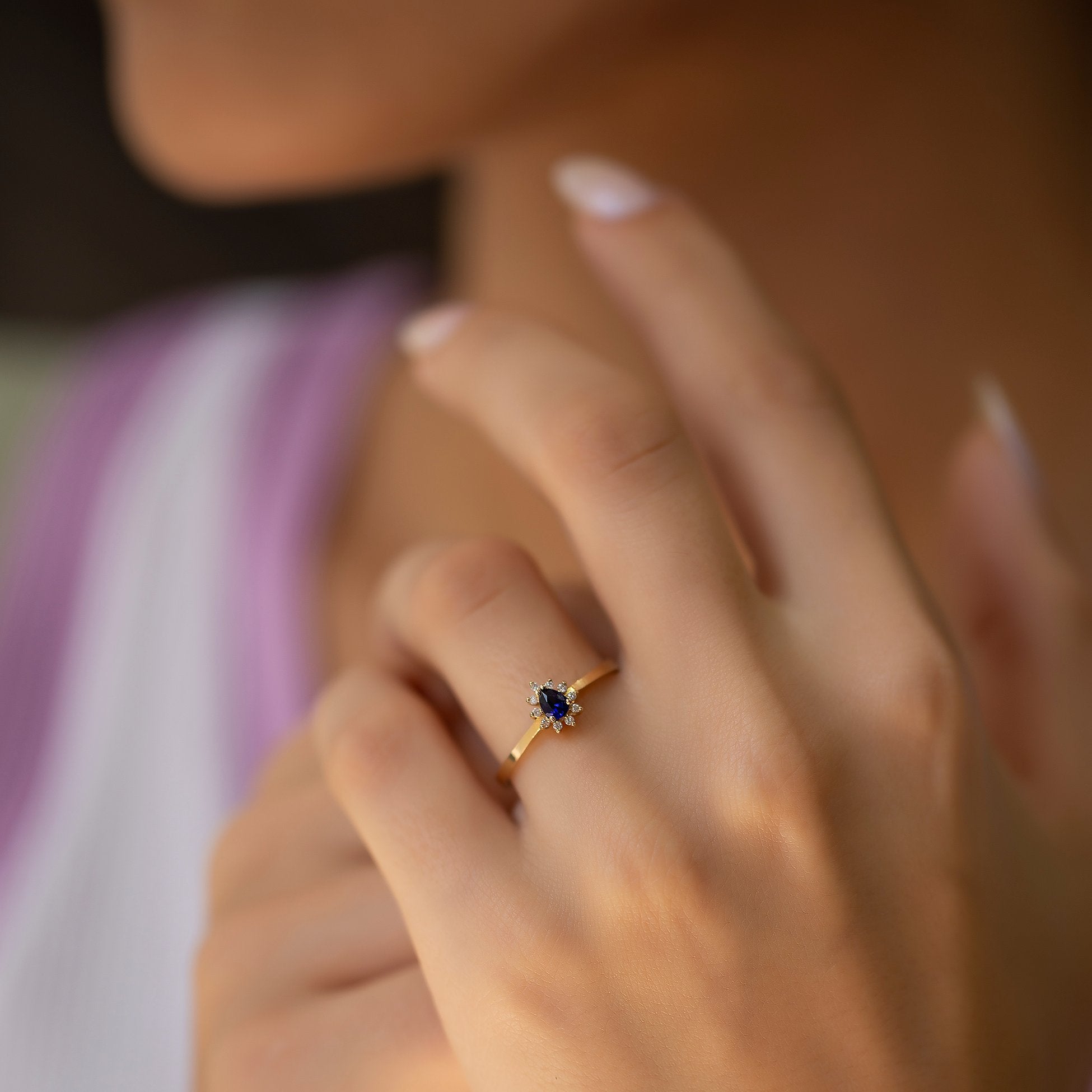 14K Gold Diamond Drop Cut Sapphire Ring