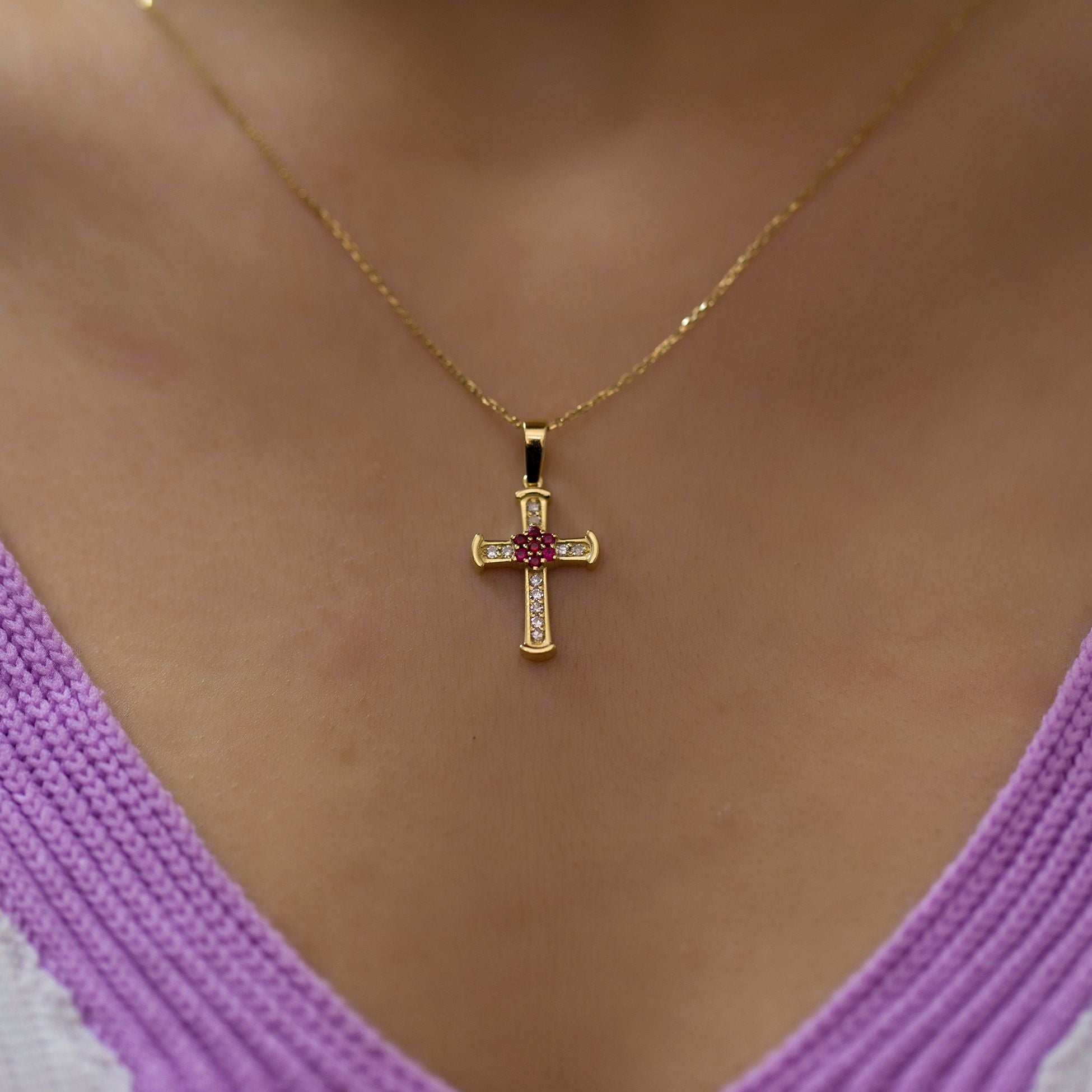 14K Gold Diamond Ruby Cross Woman Necklace