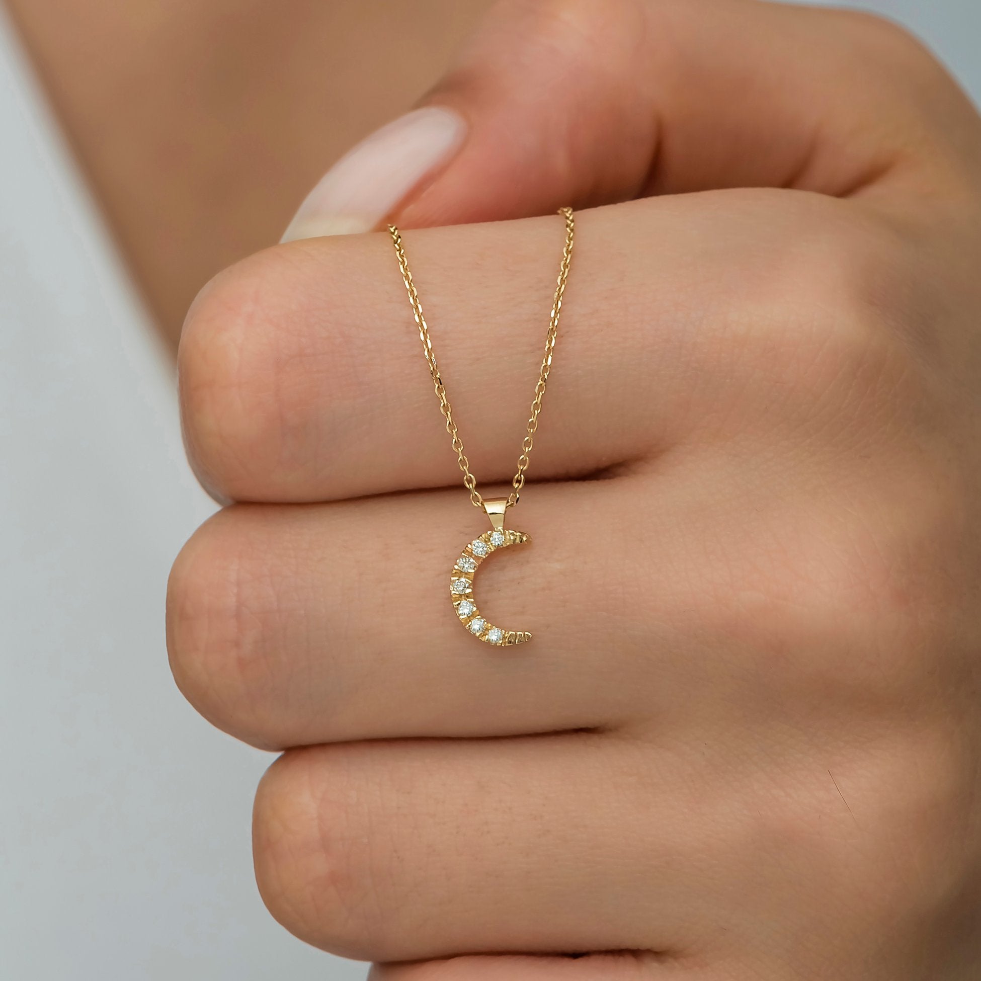 14K Gold Diamond Crescent Moon Necklace