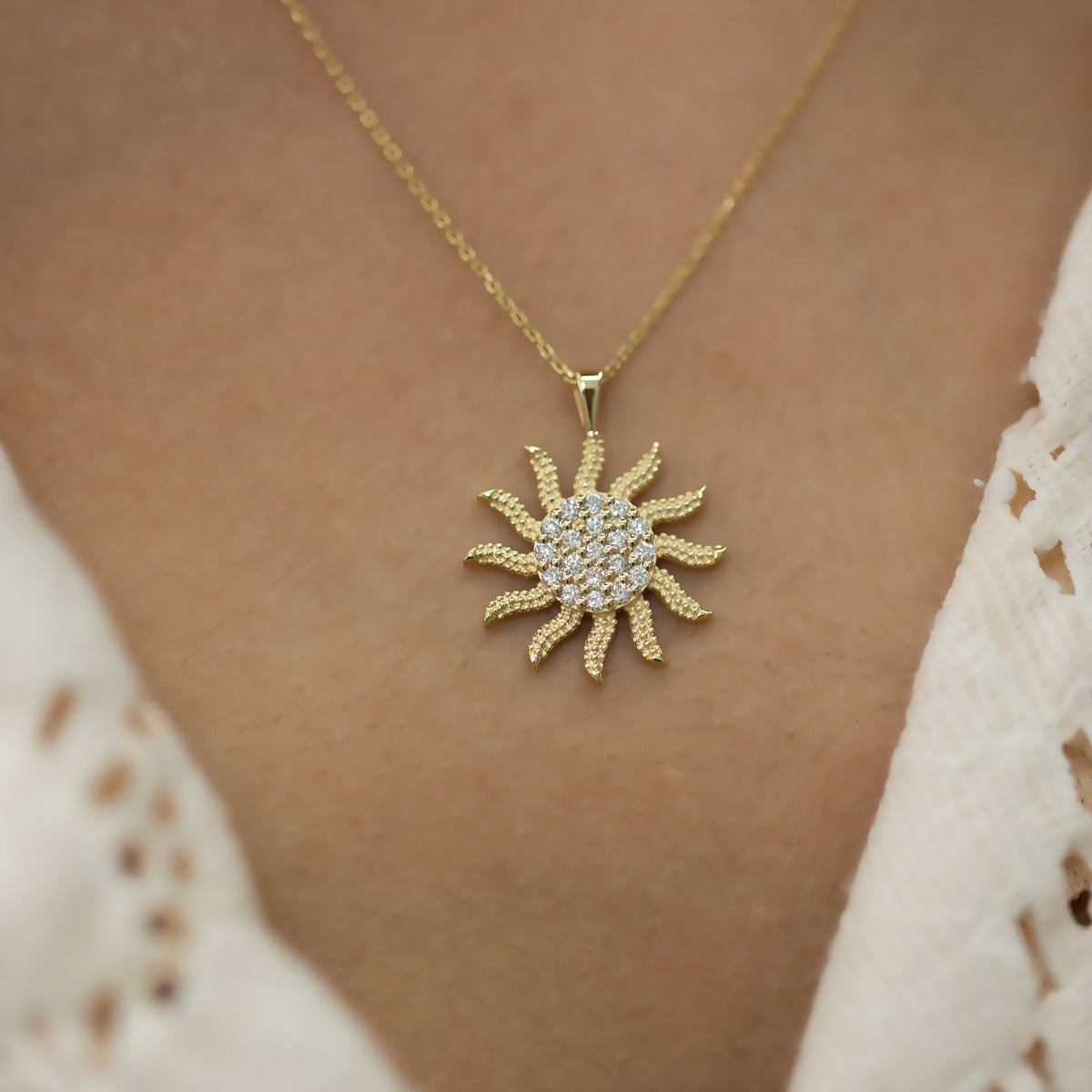 14K Gold Diamond Sun Necklace