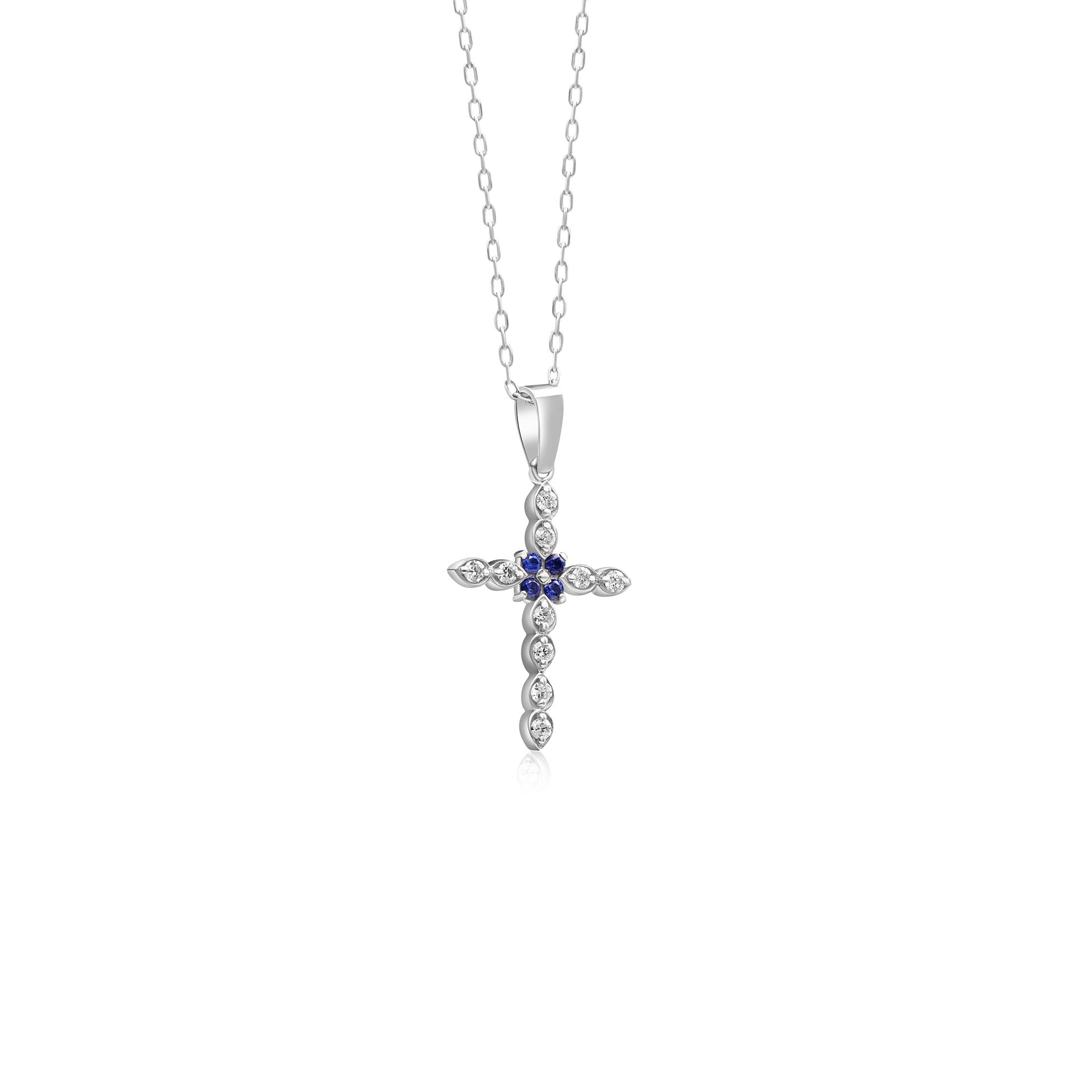 14K Gold Diamond Sapphire Cross Woman Necklace