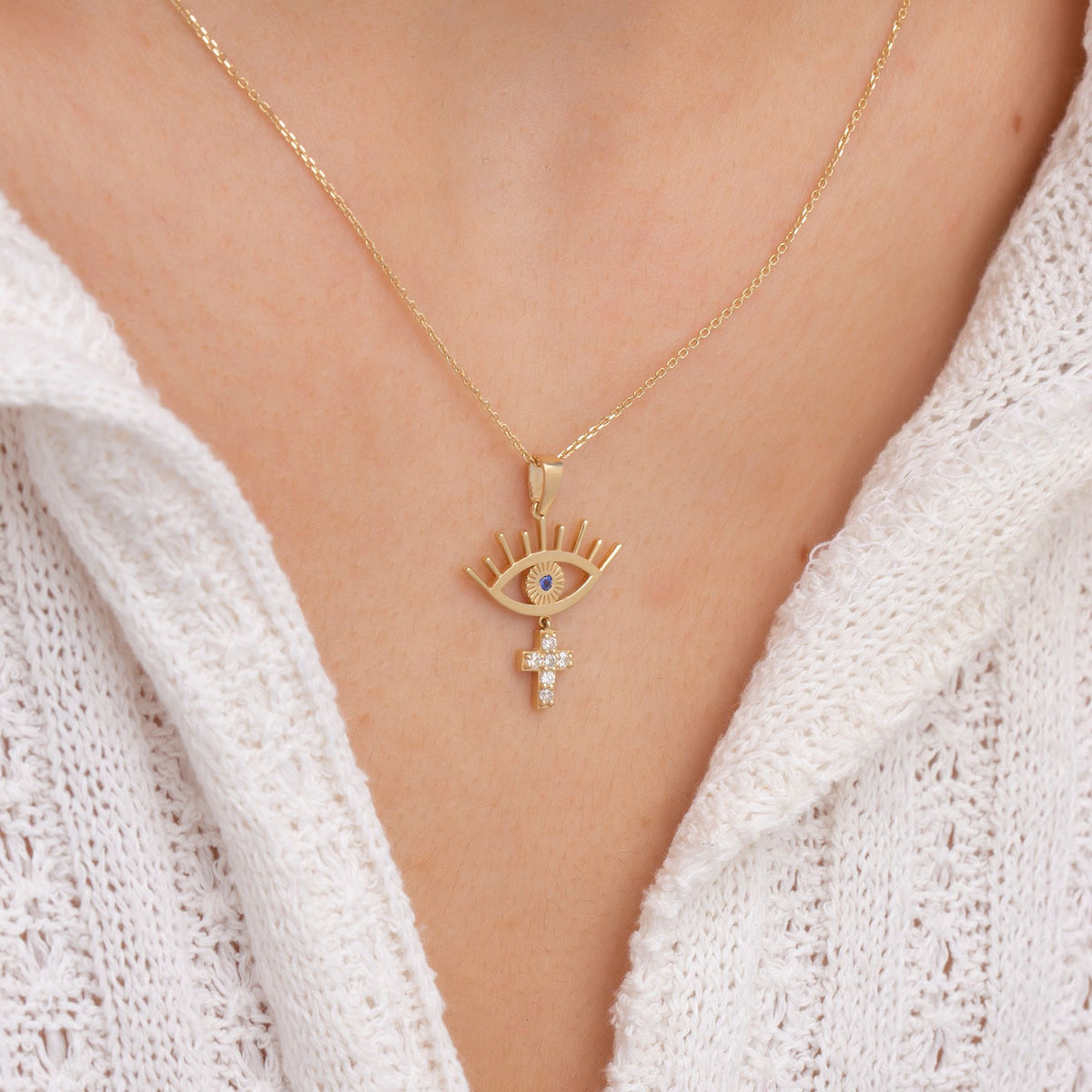 14K Gold Diamond Sapphire Eye and Cross Woman Necklace