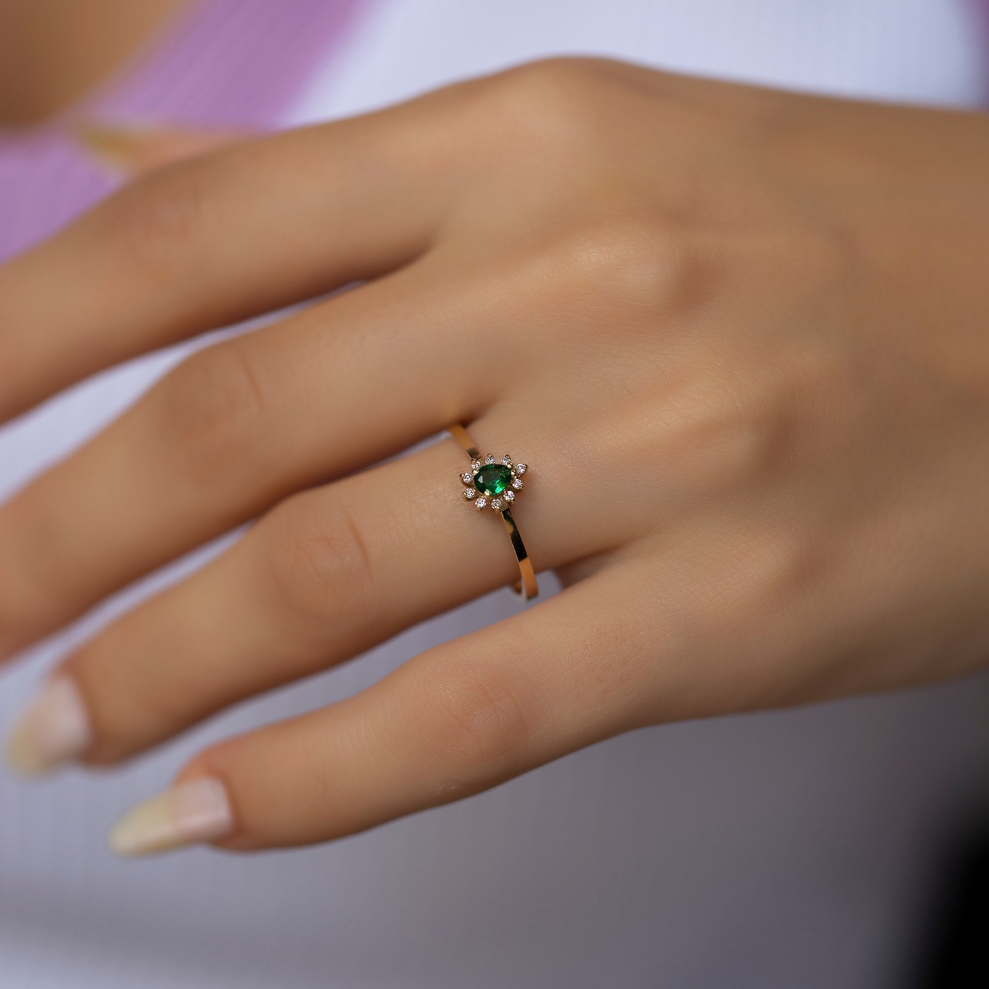 14K Gold Diamond Drop Cut Emerald Ring