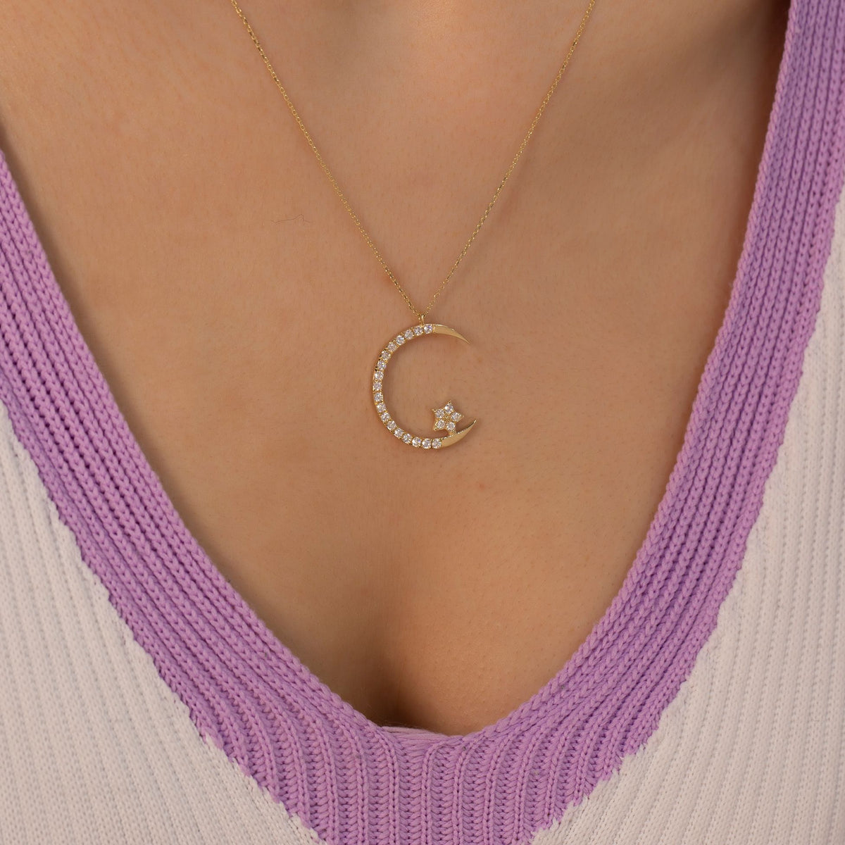 14K Gold Diamond Crescent Moon Star Necklace