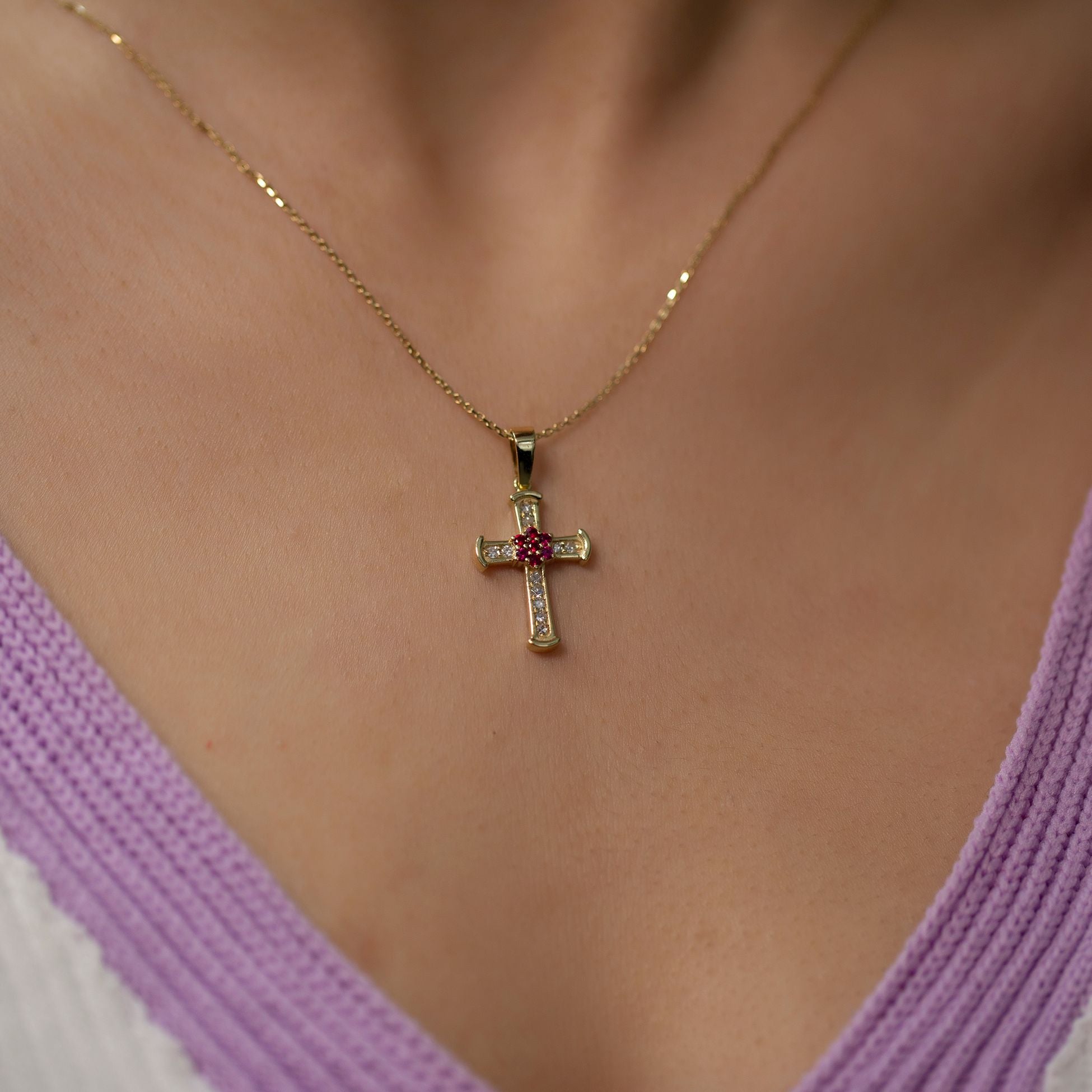 14K Gold Diamond Ruby Cross Woman Necklace