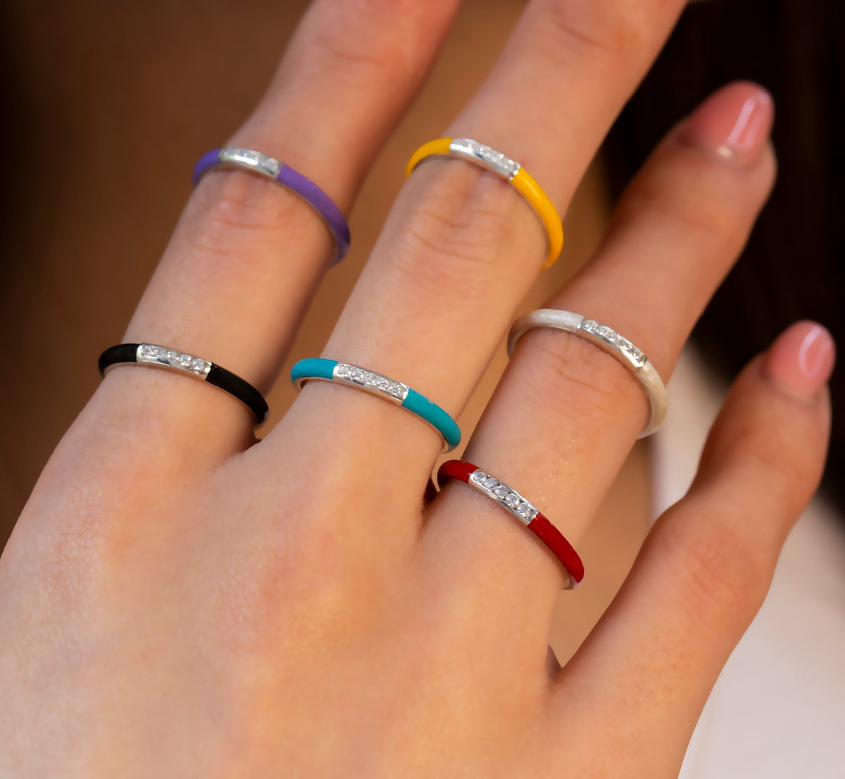 14K Gold Diamond Colourful Enamel Rings