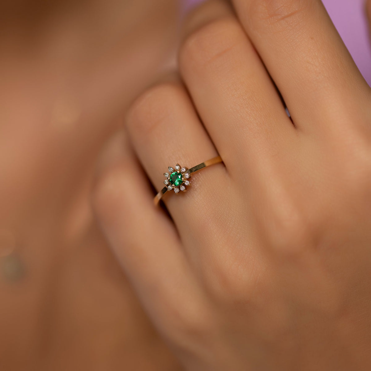 14K Gold Diamond Round Cut Emerald Ring