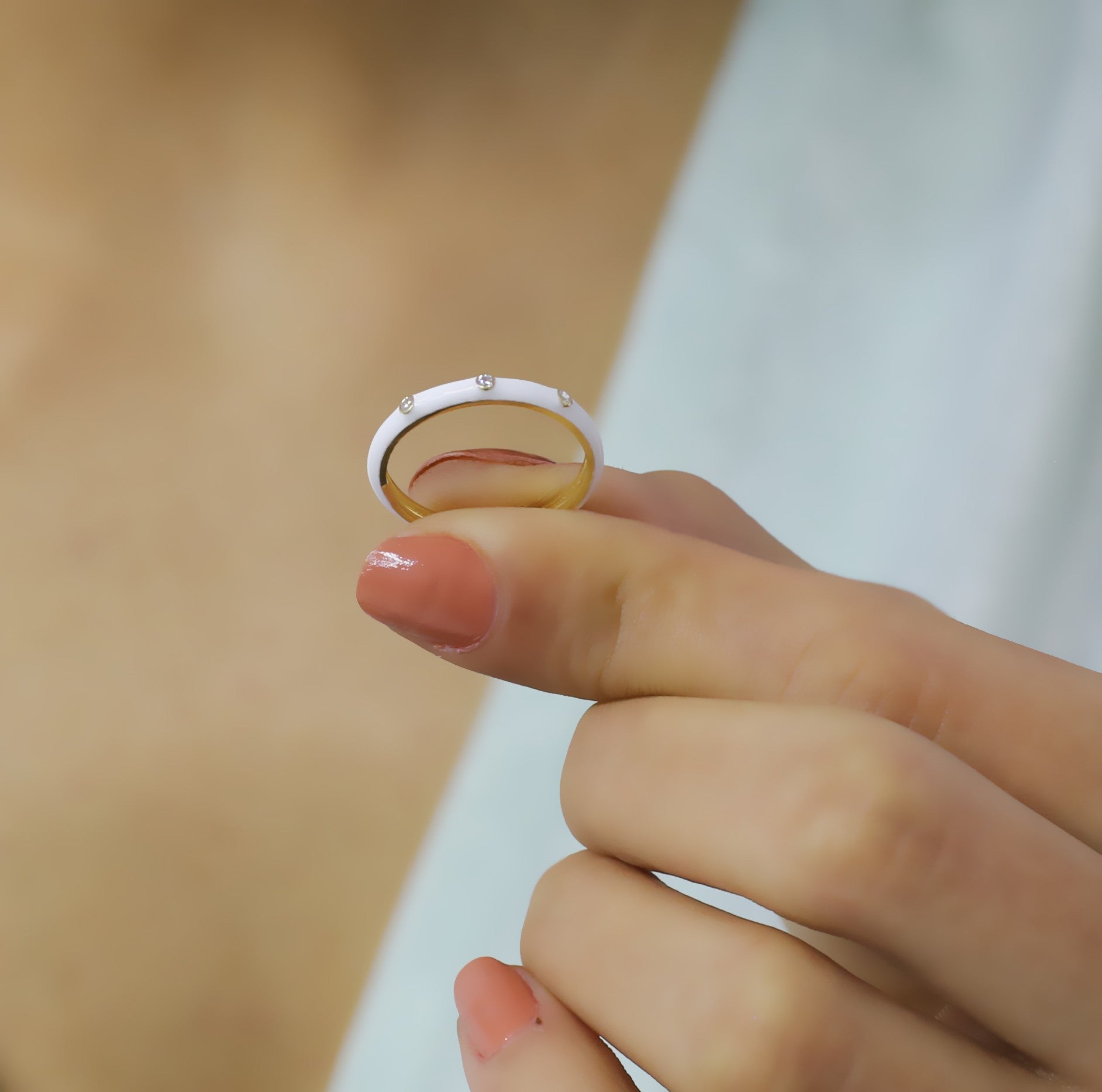 14K Gold Diamond White Color Enamel Ring