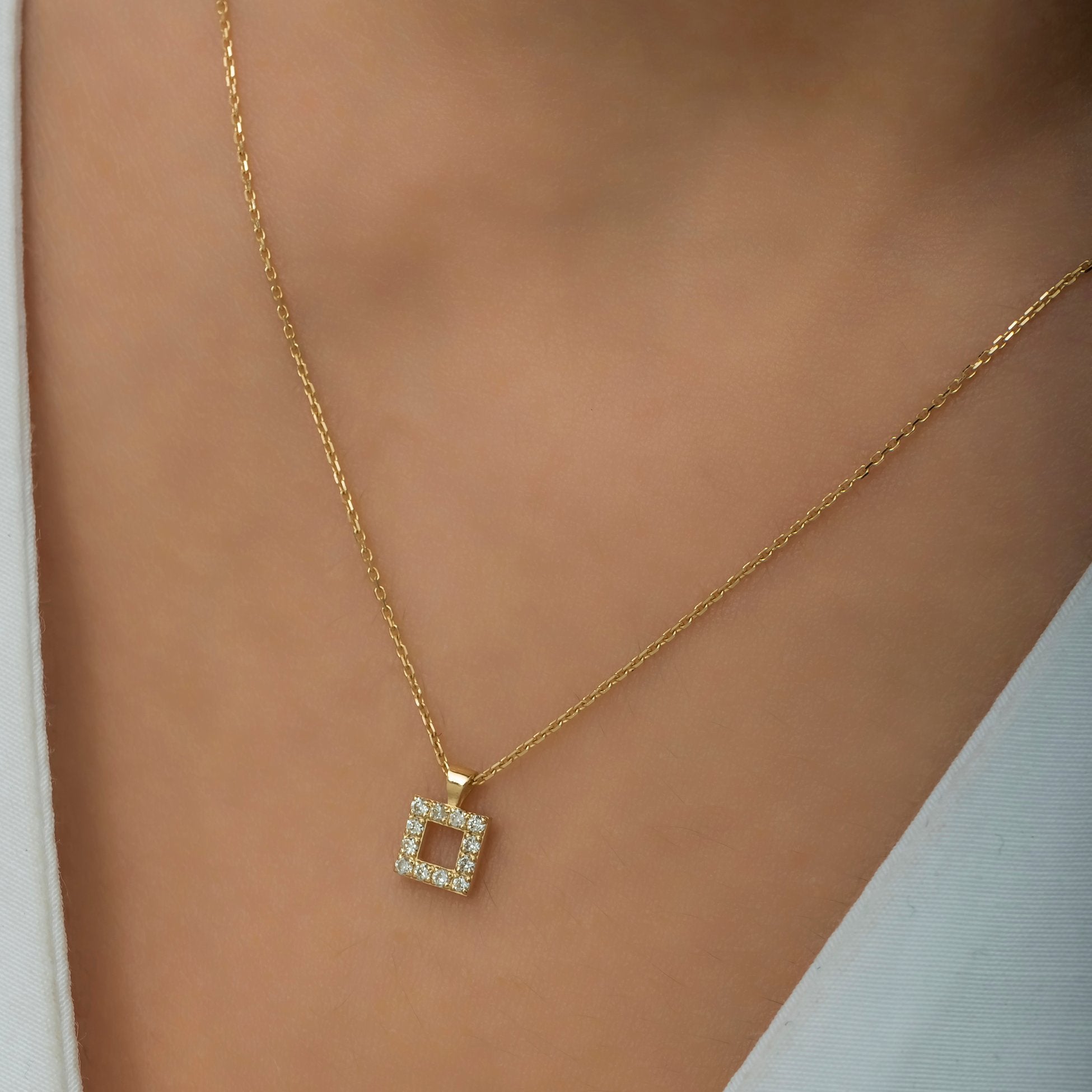 14K Gold Diamond Square Necklace