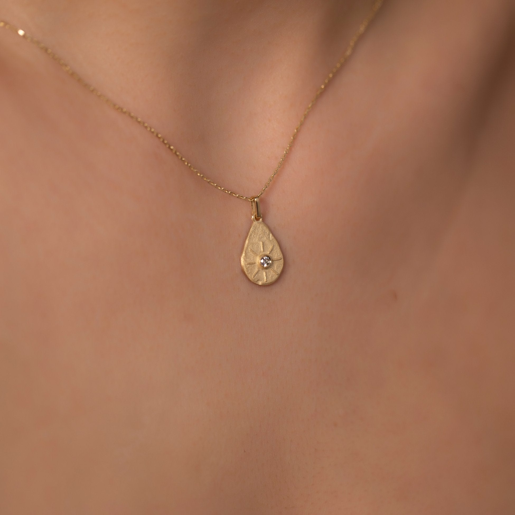 14K Gold Diamond Matte and Tumbled Pear Charm Necklace