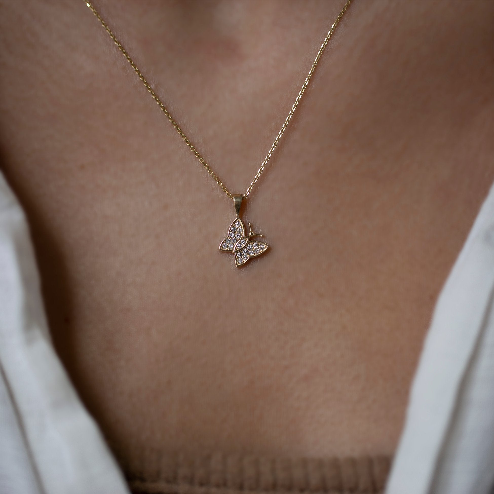 14K Gold Diamond Butterfly Necklace