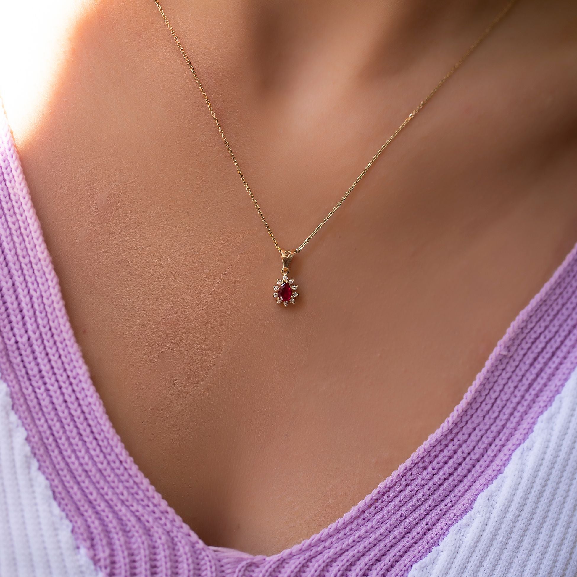 14K Gold Diamond Drop Cut Ruby Necklace