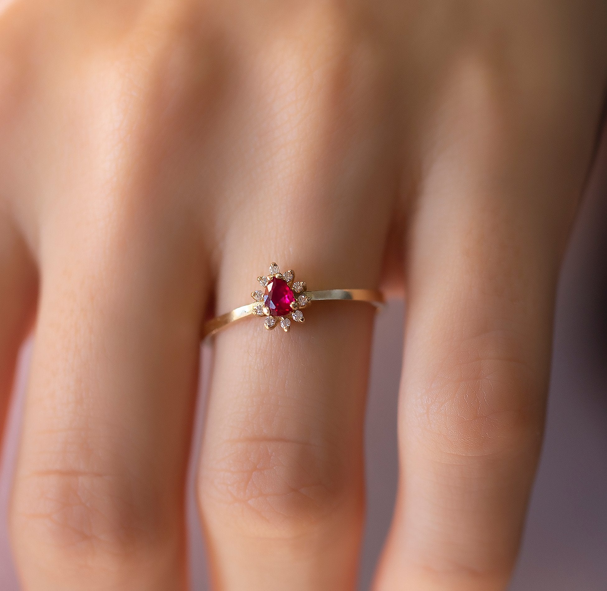 14K Gold Diamond Drop Cut Ruby Ring