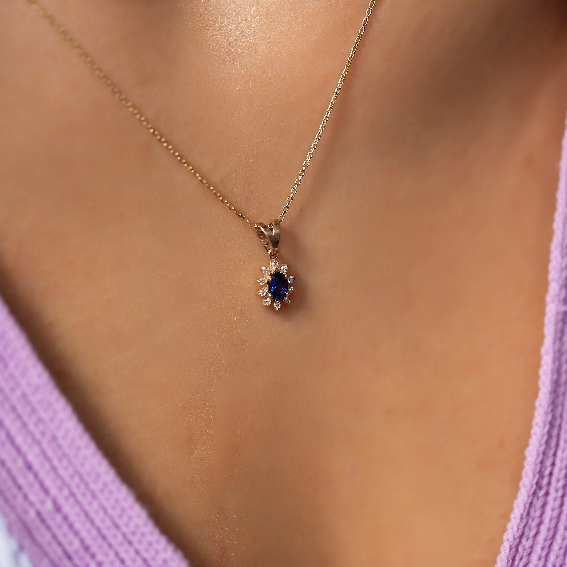 14K Gold Diamond Oval Cut Sapphire Necklace