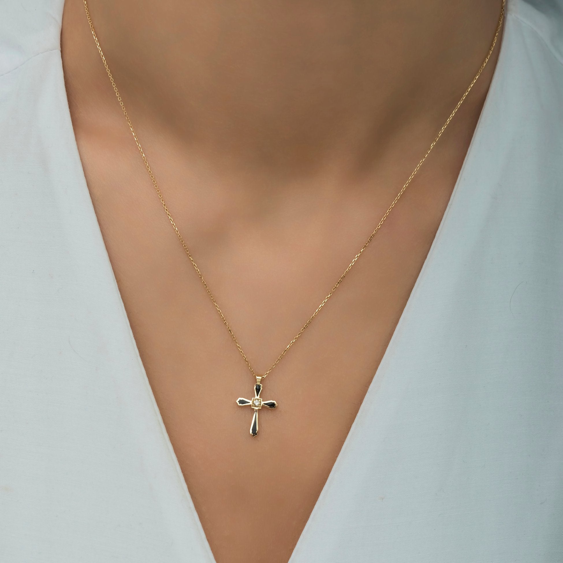 14K Gold Diamond Enamel Cross Necklace