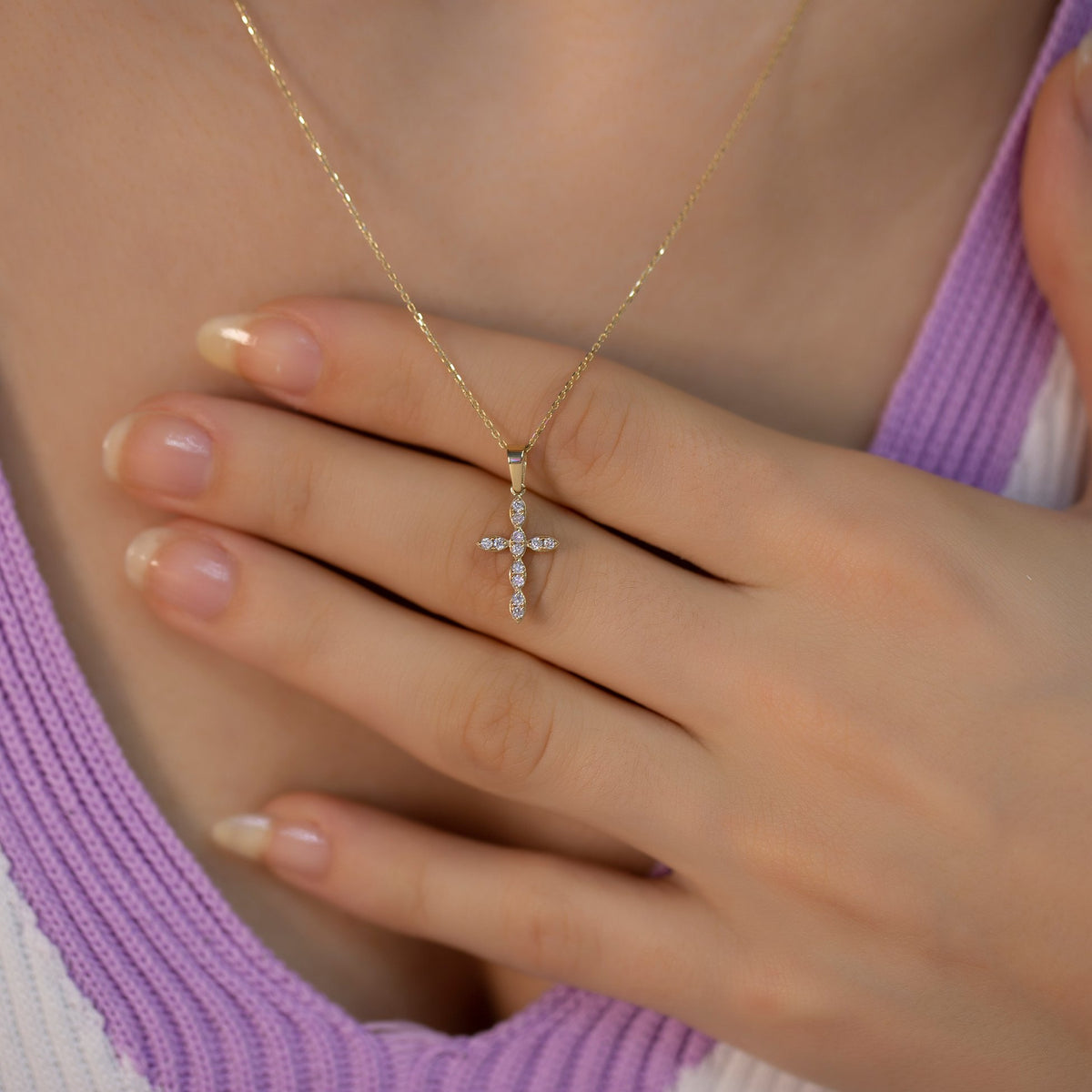 14K Gold Diamond Cross Woman Necklace