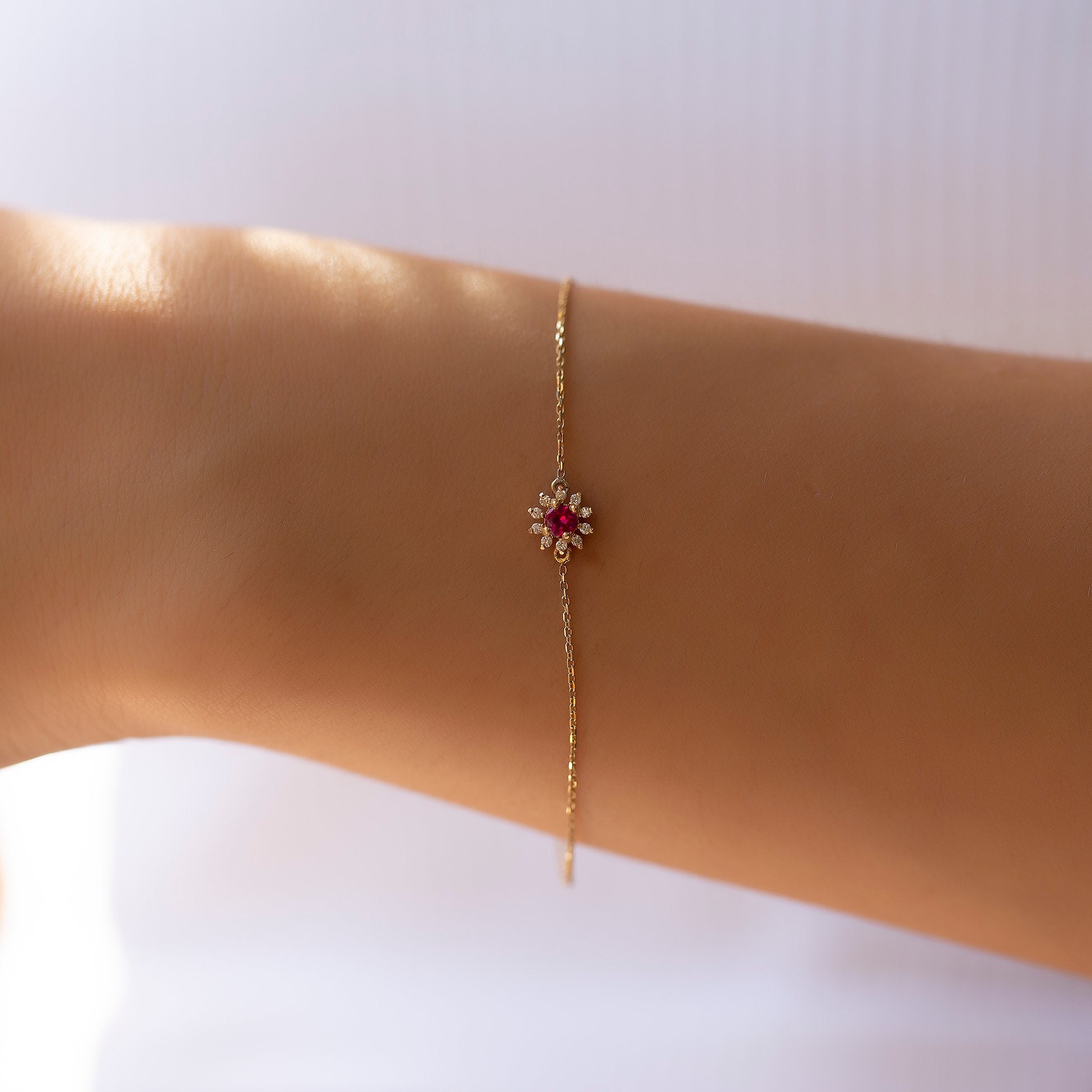 14K Gold Diamond Round Cut Ruby Bracelet