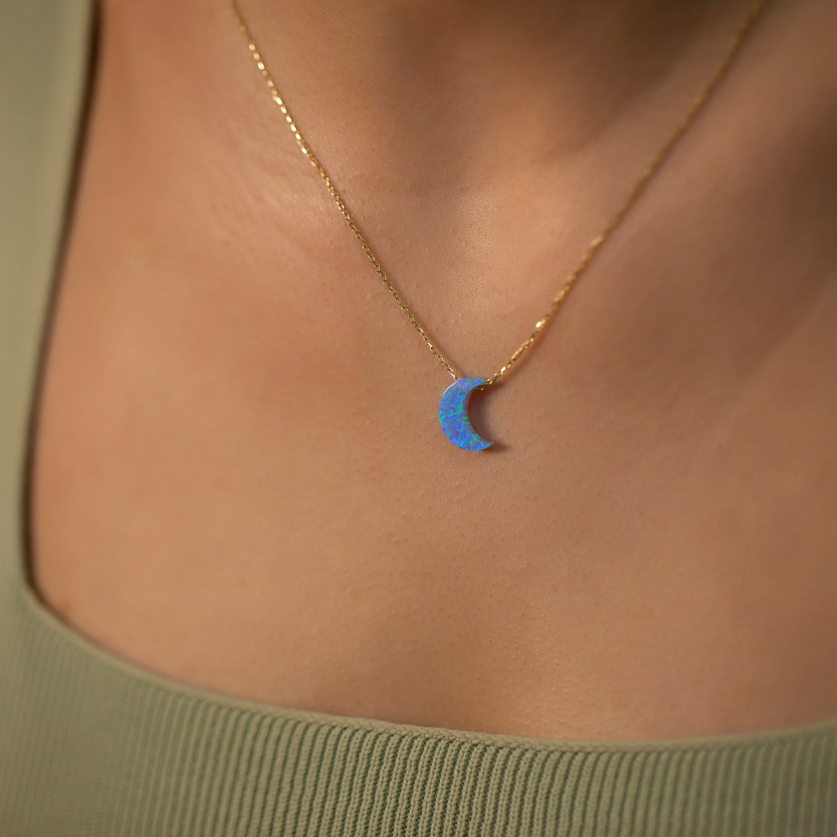 14K Gold Chain Synthetic Blue Opal Moon Necklace