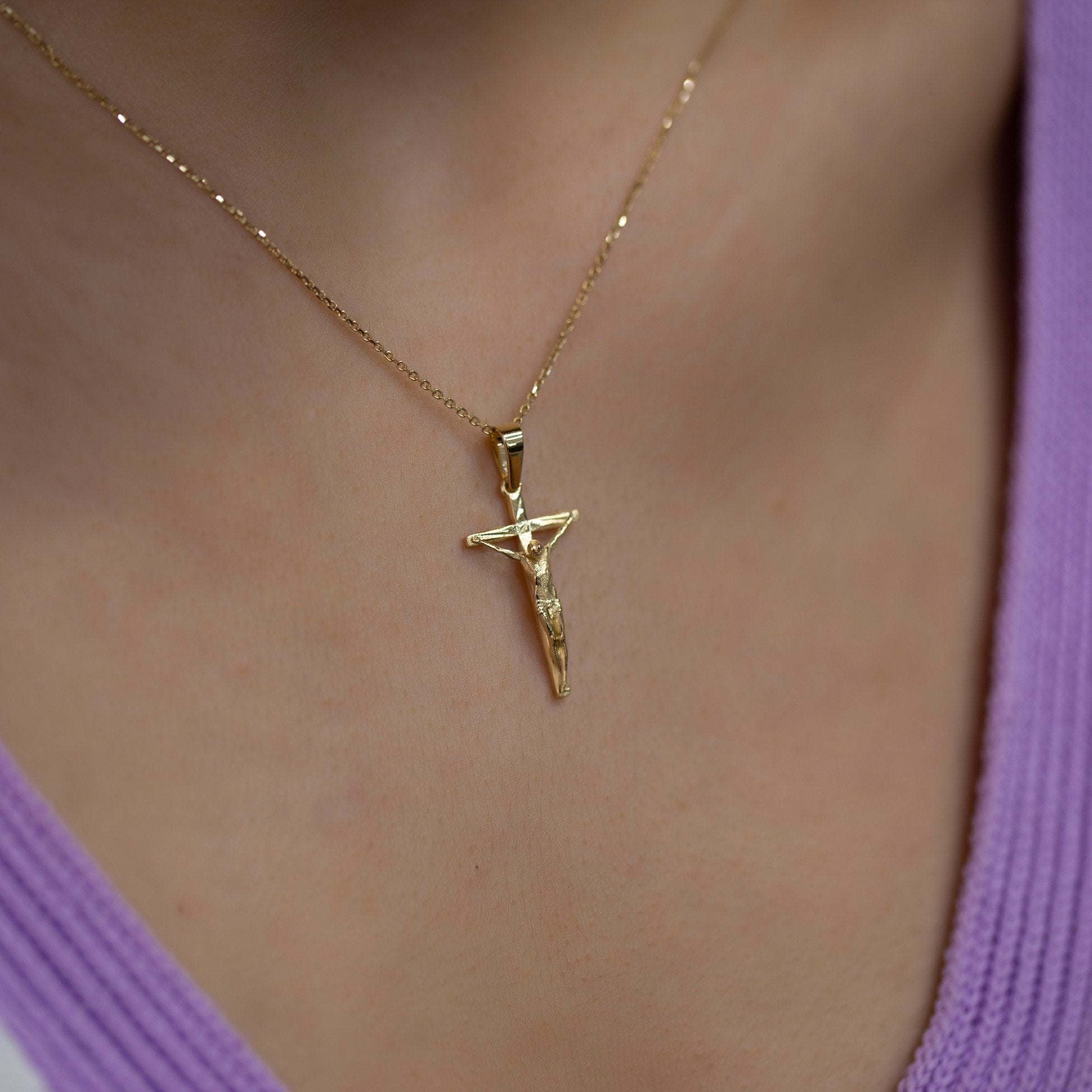 14K Solid Gold Jesus Cross Necklace