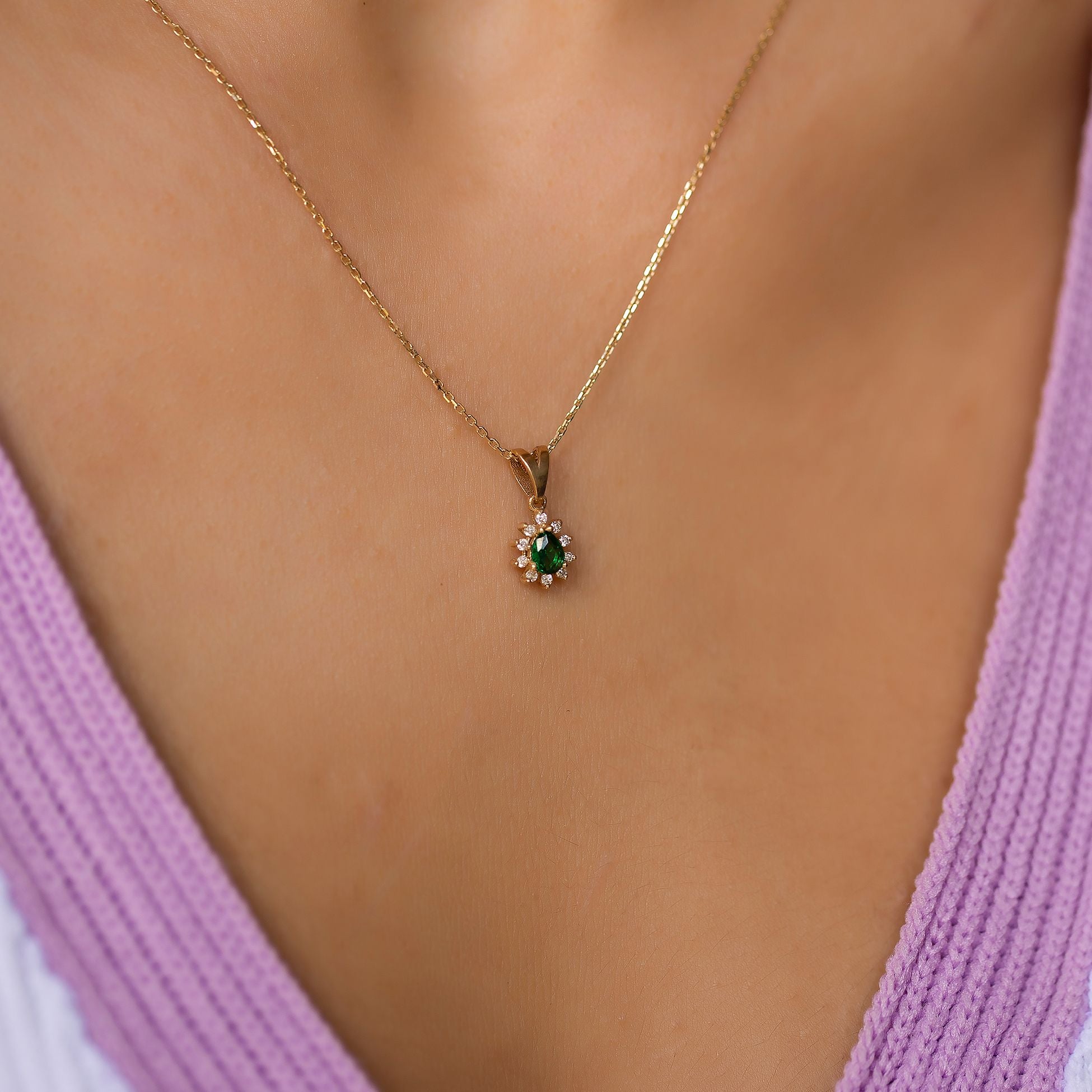 14K Gold Diamond Drop Cut Emerald Necklace