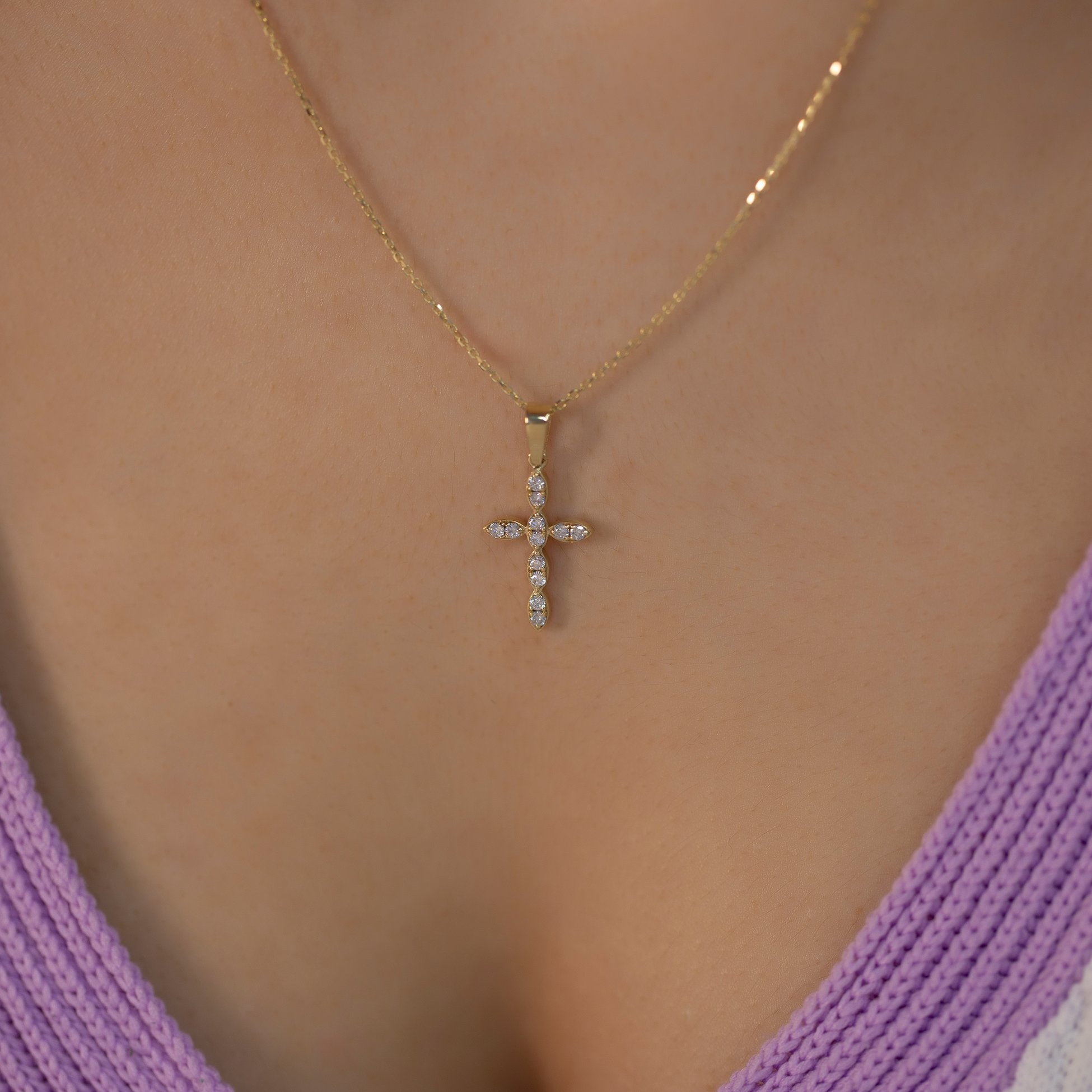 14K Gold Diamond Cross Woman Necklace