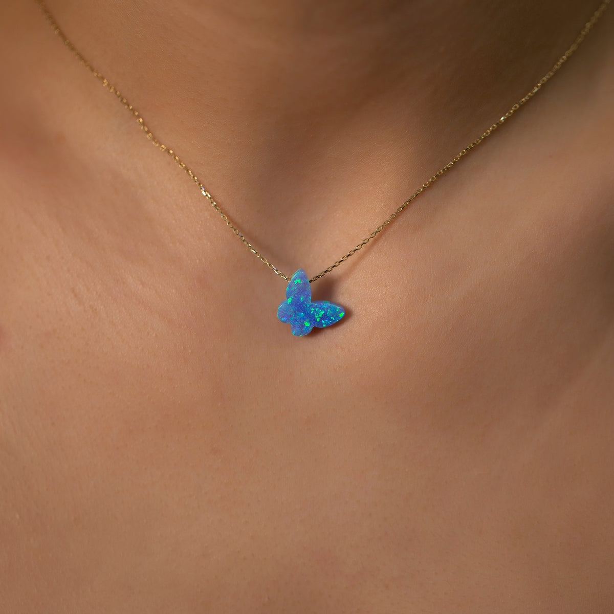 14K Gold Chain Synthetic Blue Opal Butterfly Necklace