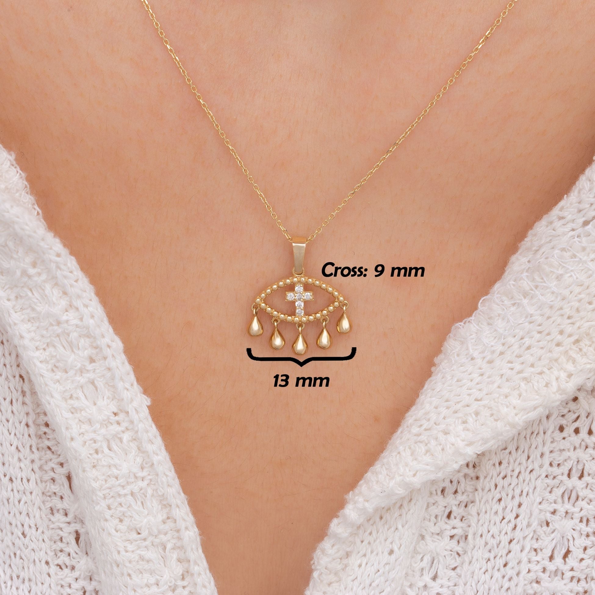 14K Gold Diamond Cross and Eye Charm Woman Necklace