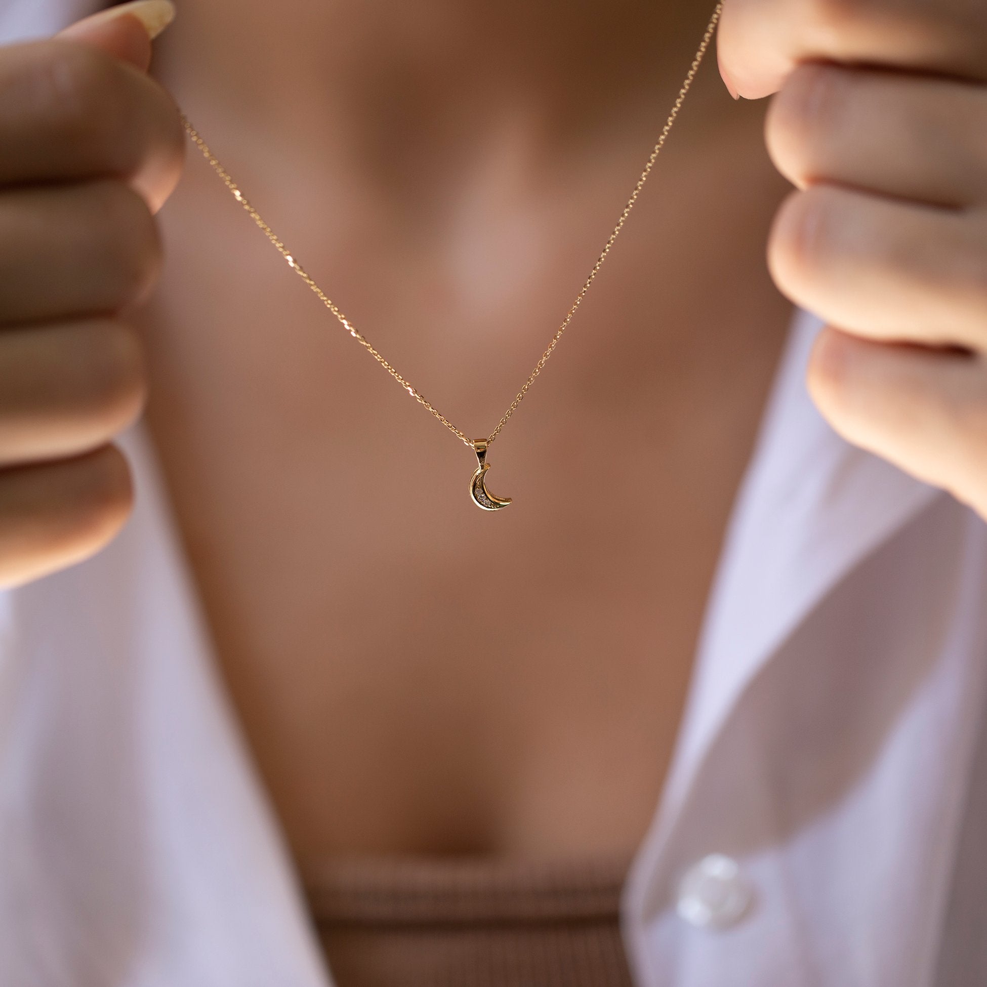 14K Gold Diamond Minimalist Crescent Moon Necklace