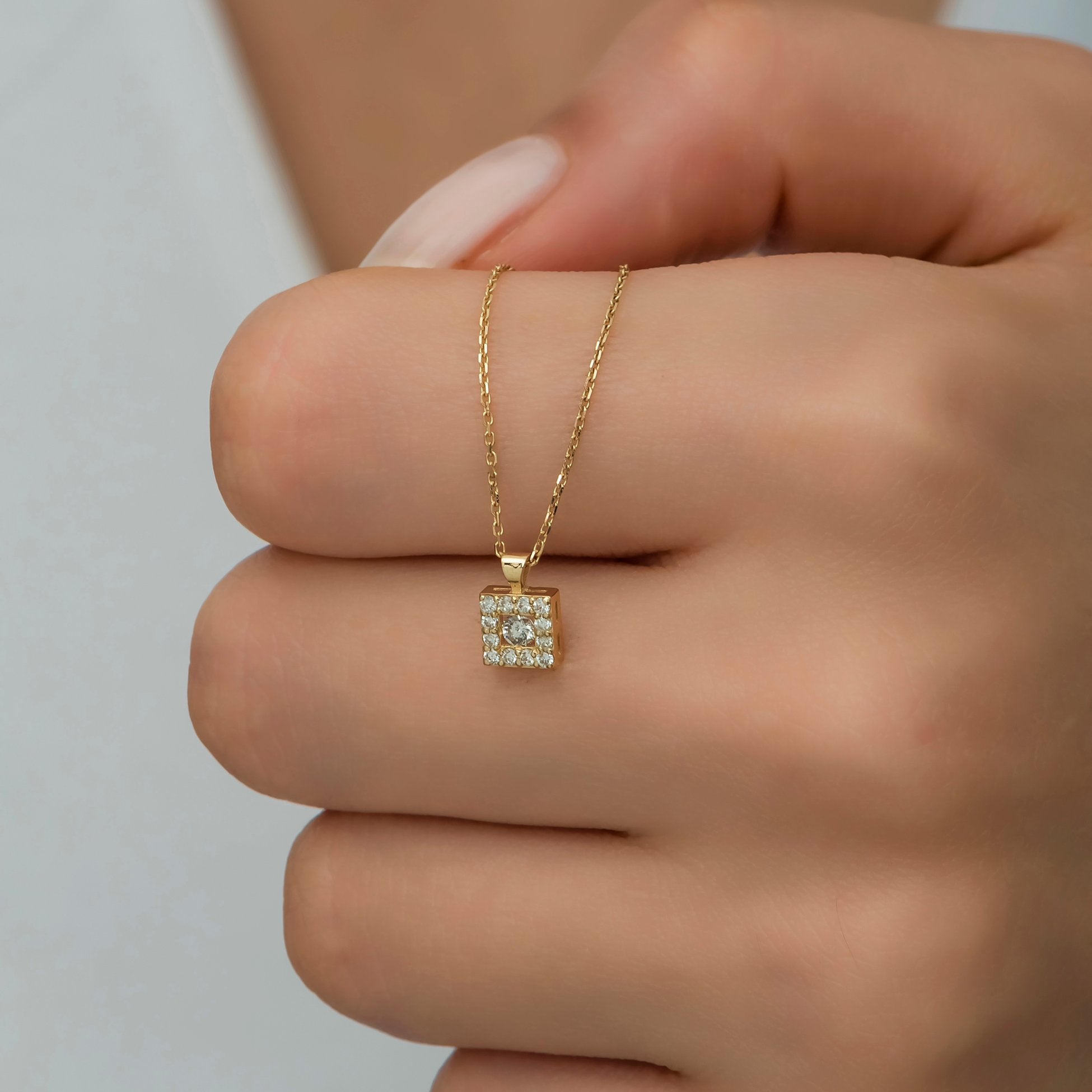 14K Gold  Square Shape Diamond Necklace