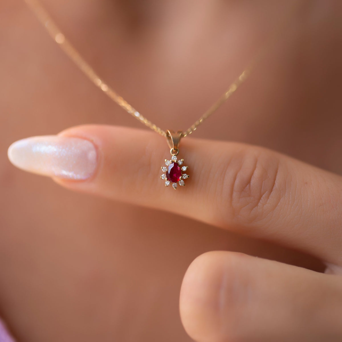 14K Gold Diamond Drop Cut Ruby Necklace