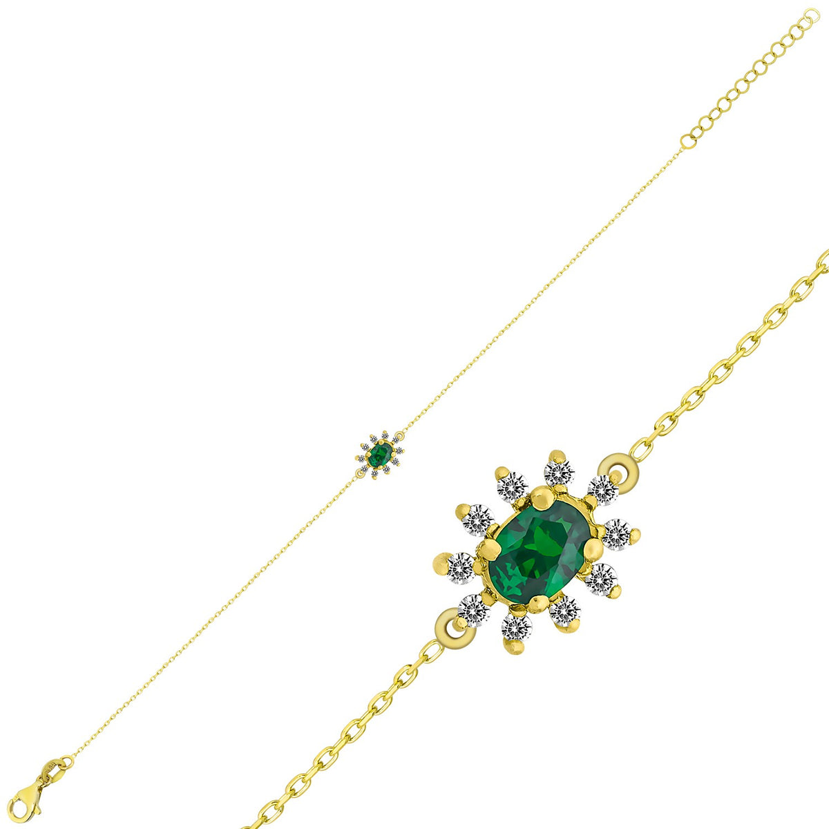 14K Gold Diamond Oval Cut Emerald Bracelet