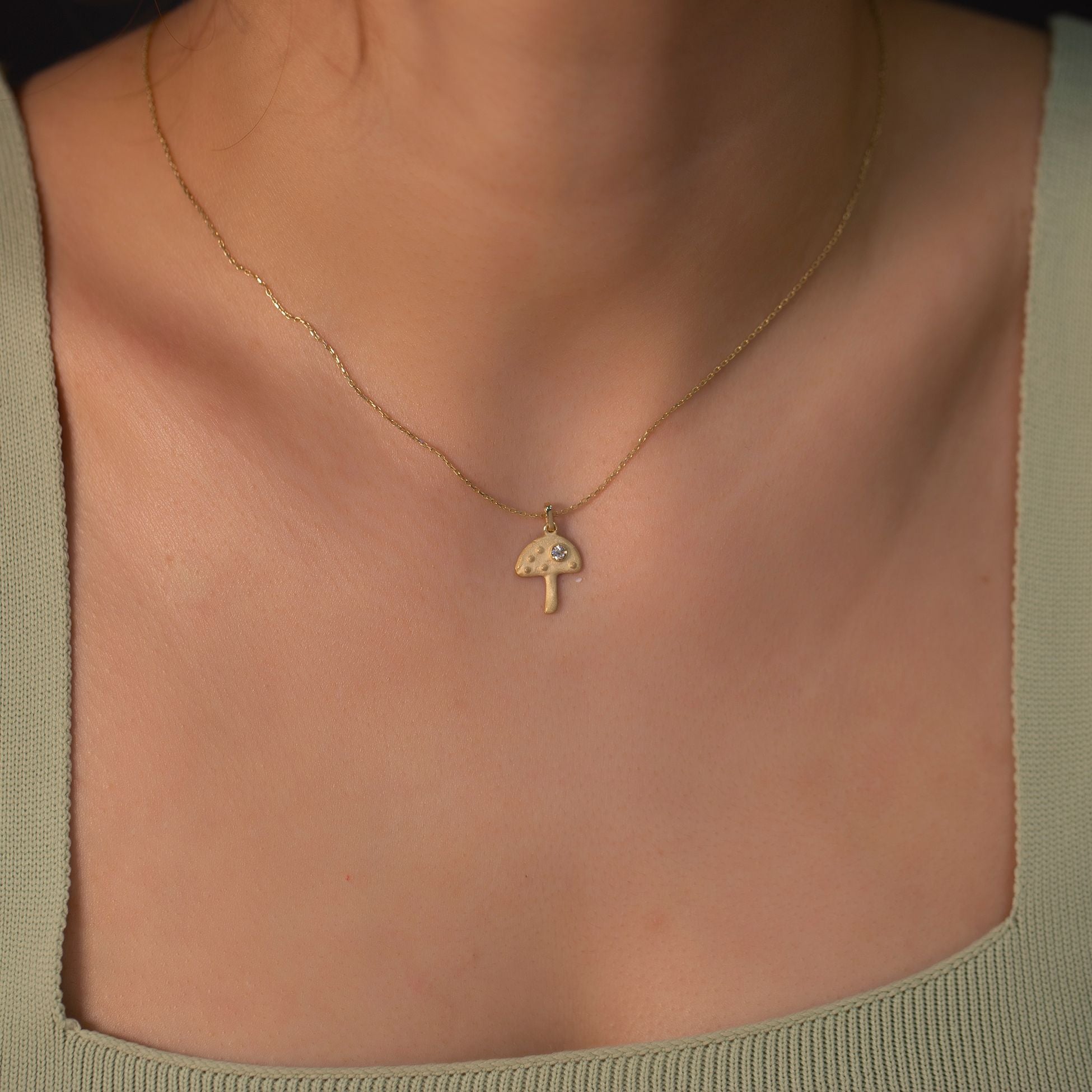 14K Gold Diamond Matte and Tumbled Mushroom Charm Necklace