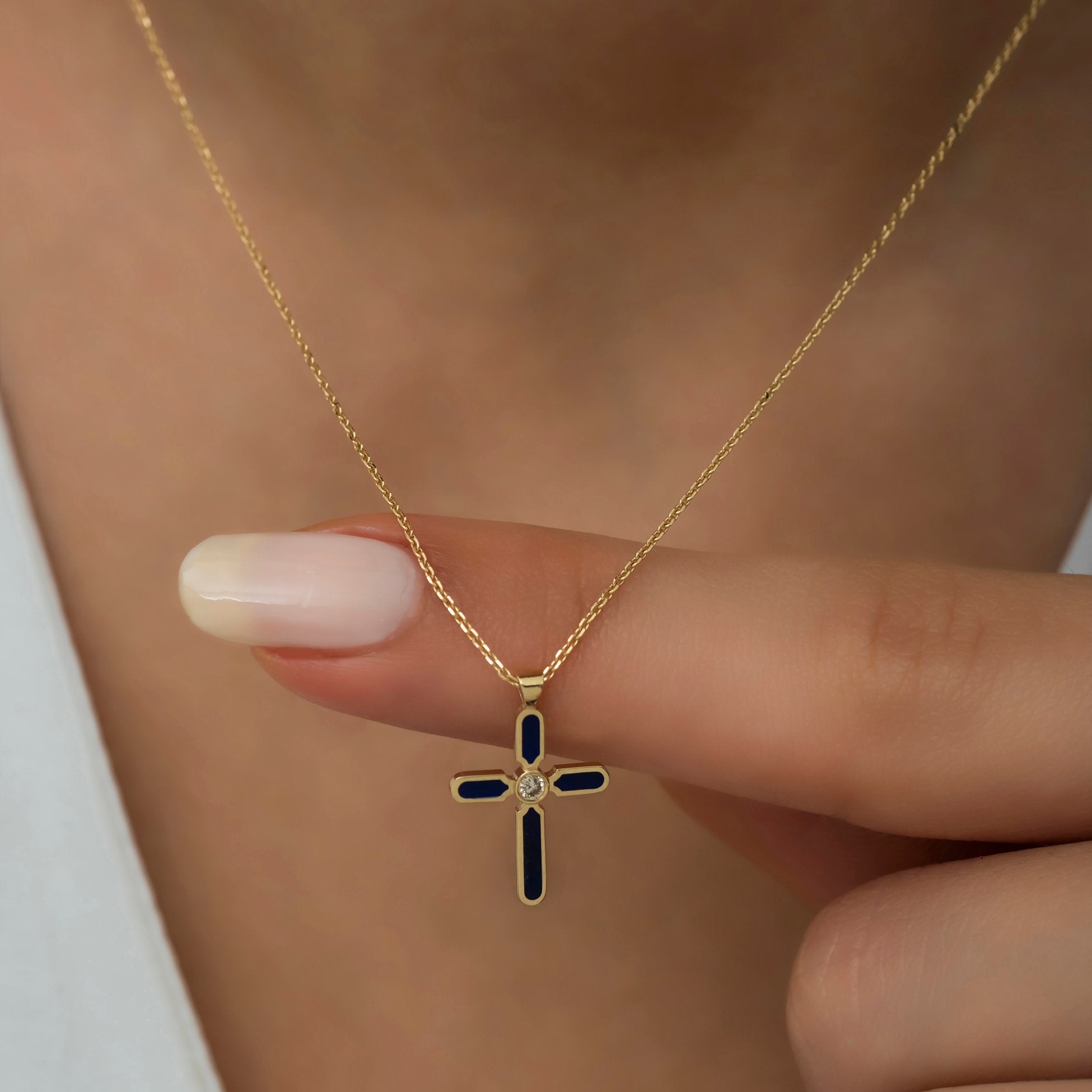 14K Gold Diamond Enamel Cross Necklace