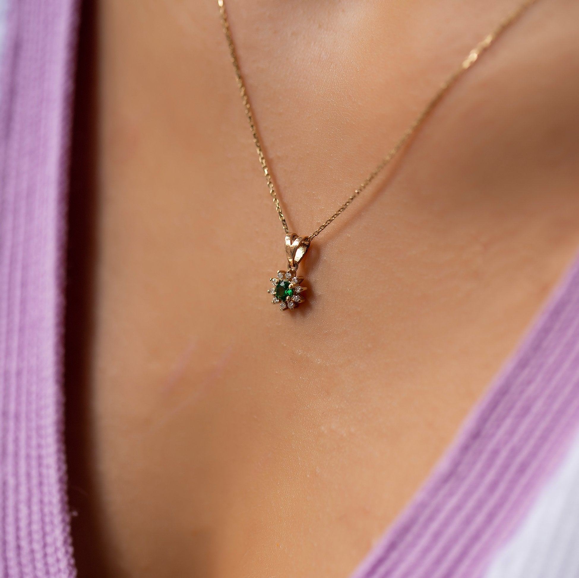 14K Gold Diamond Round Cut Emerald Necklace